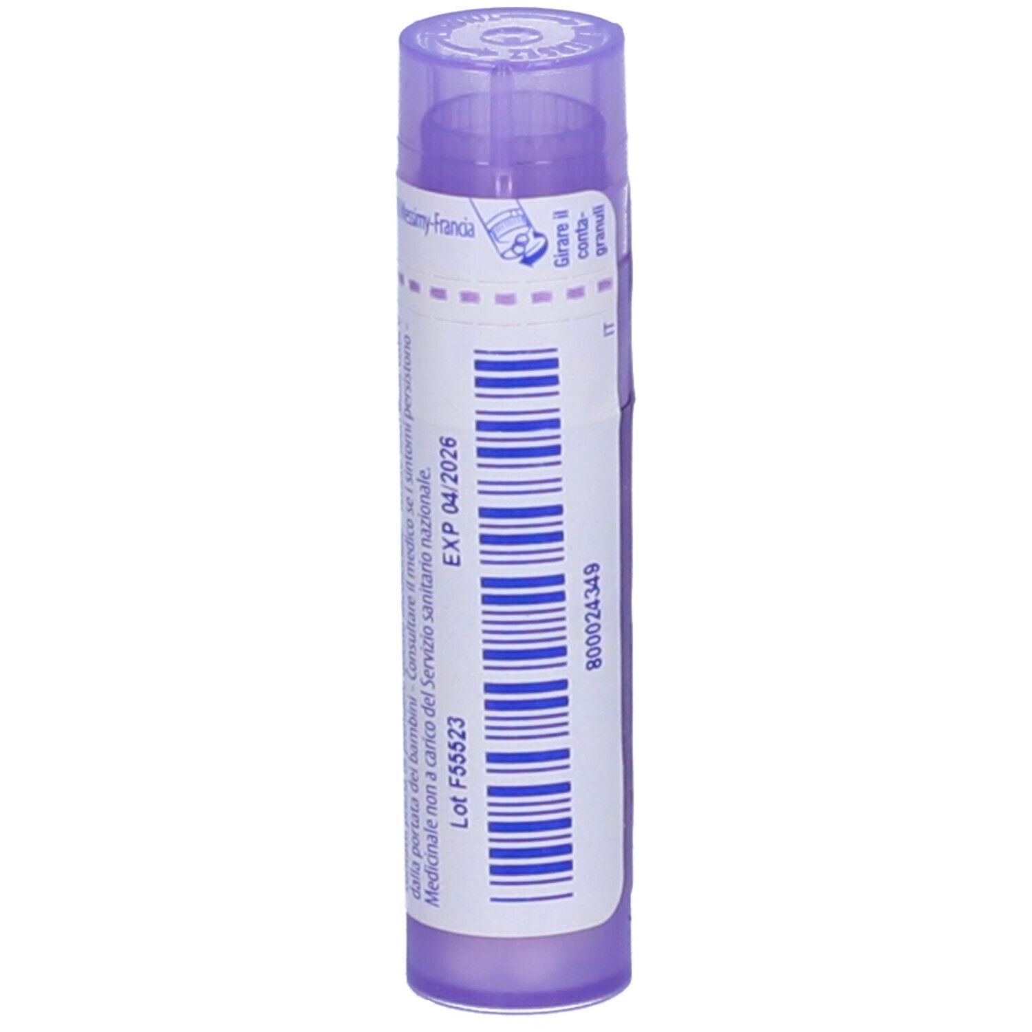 Confezione cilindrica viola. Scritta: Pollens 30 ch. Codice a barre e data di scadenza. Viola sopra e sotto.