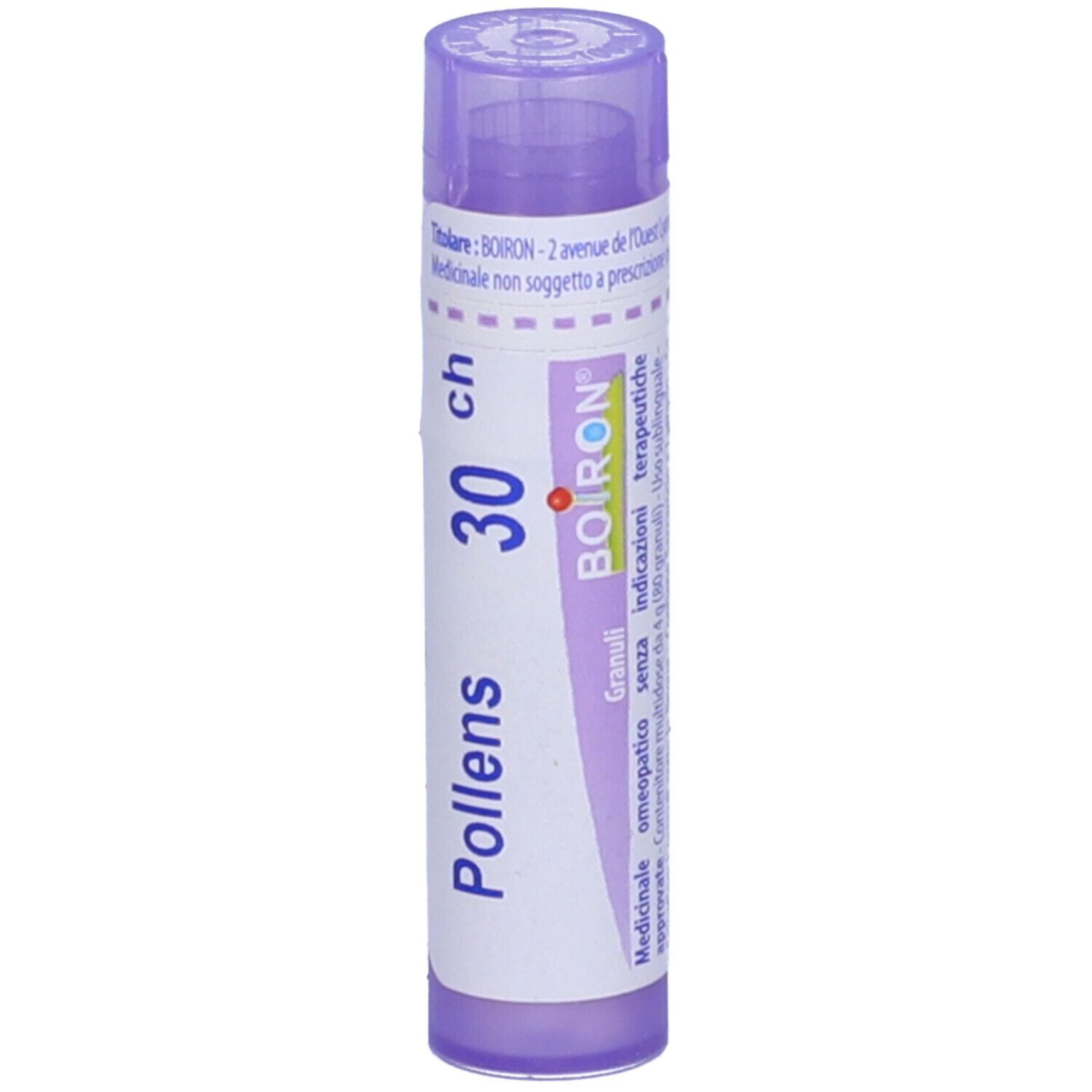 Confezione cilindrica viola. Scritta: Pollens 30 ch, BOIRON, Granuli. Viola sopra e sotto.