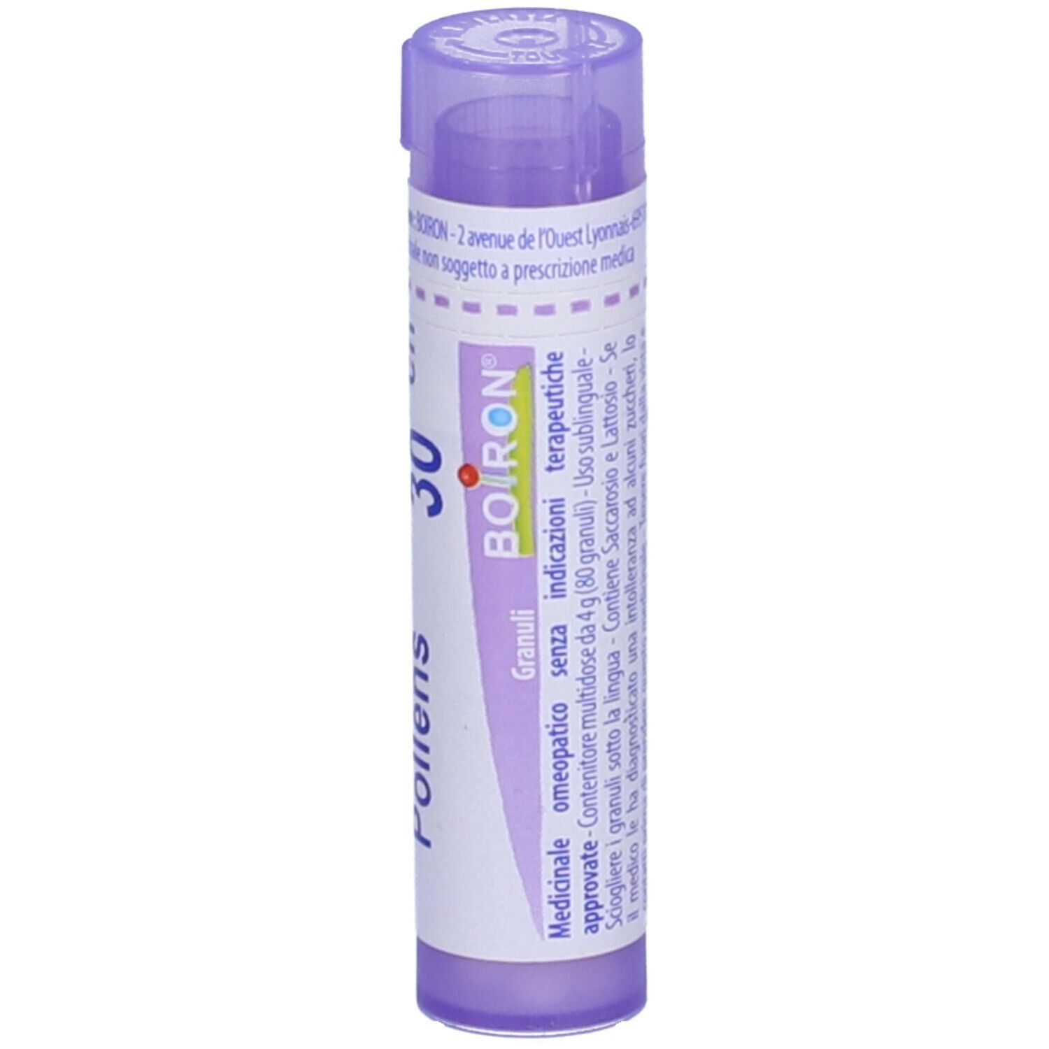 Confezione cilindrica viola. Scritta: Pollens 30 ch, BOIRON, Granuli. Viola sopra e sotto.