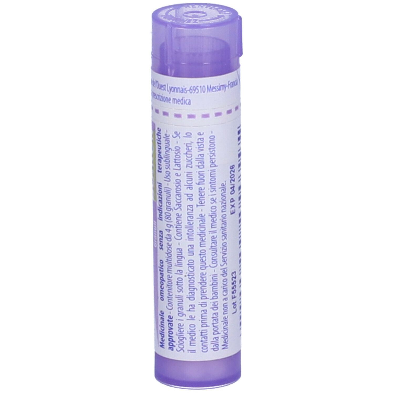 Confezione cilindrica viola. Scritta: Pollens 30 ch, BOIRON, Granuli. Viola sopra e sotto.