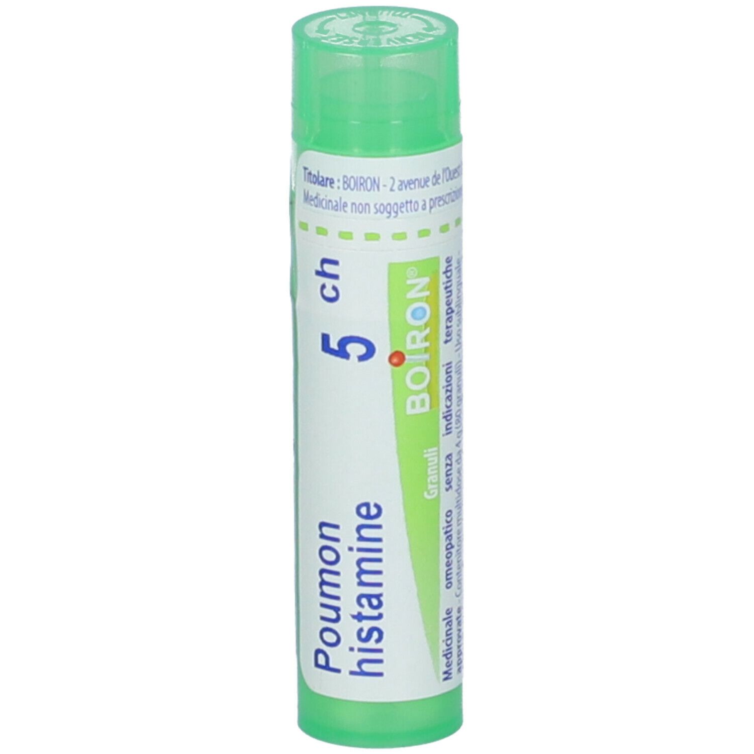 Tubo verde con etichetta bianca. Scritta: Poumon histamine, 5 ch, BOIRON. Tappo verde. Vista verticale.