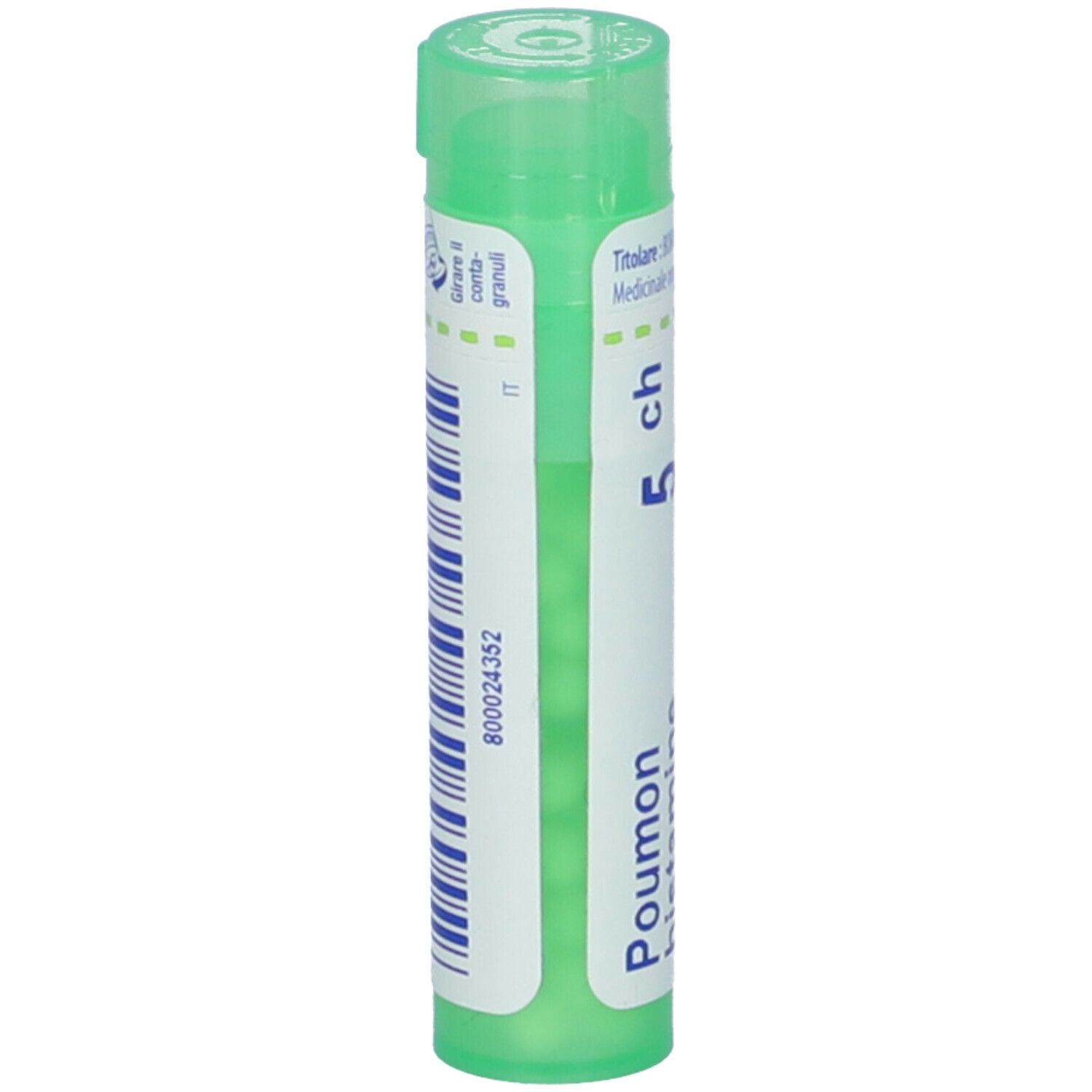 Tubo verde con etichetta bianca. Scritta: Poumon histamine, 5 ch. Codice a barre e altre informazioni.