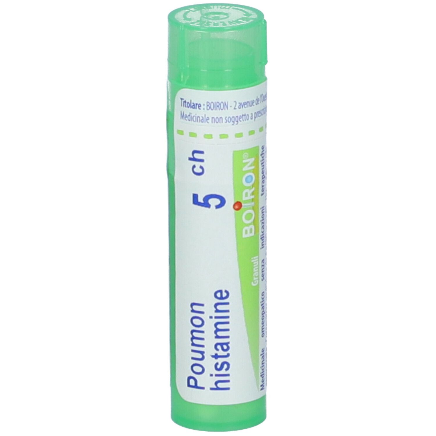Tubo verde con etichetta bianca. Scritta: Poumon histamine, 5 ch, BOIRON. Tappo verde.