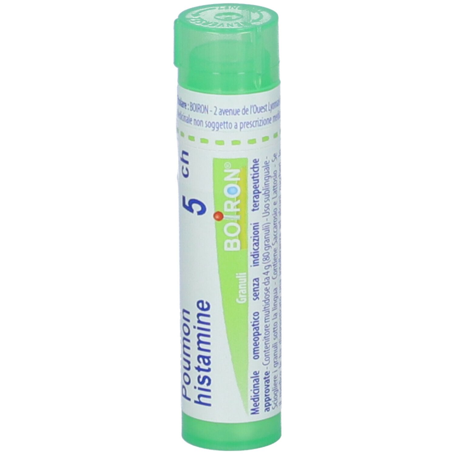 Tubo verde con etichetta bianca. Scritta: Poumon histamine, 5 ch, BOIRON. Altre informazioni.