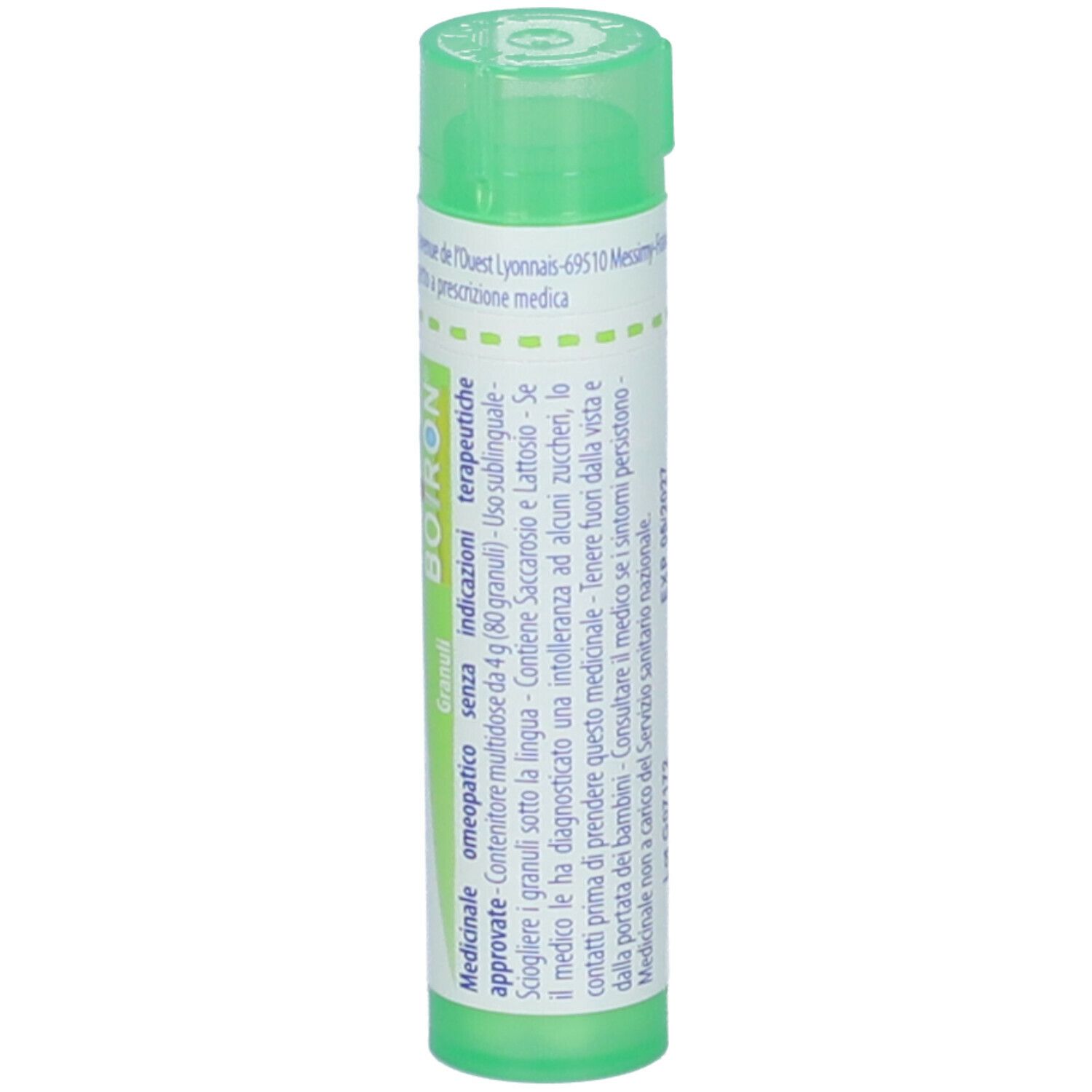 Tubo verde con etichetta bianca. Scritta: BOIRON. Altre informazioni e ingredienti.