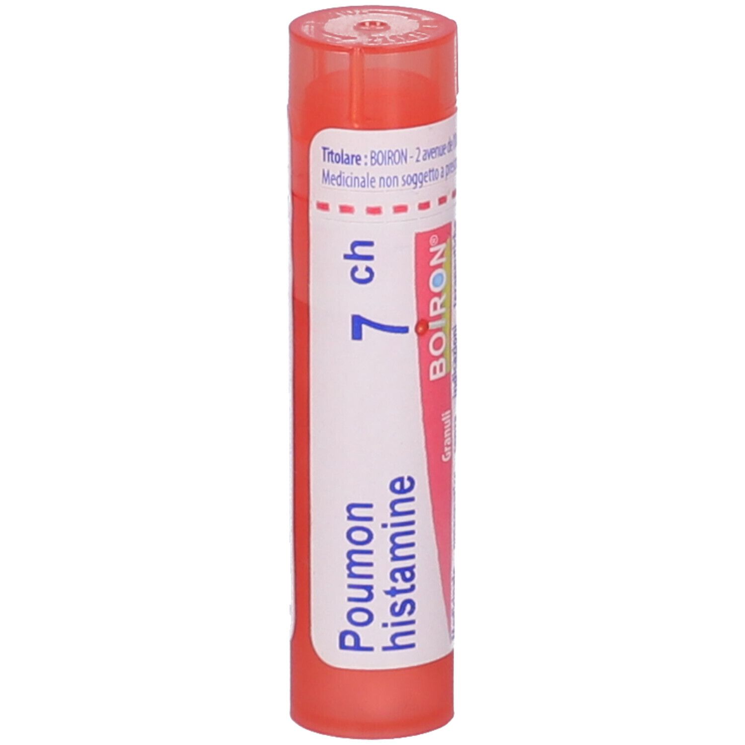 Tubo cilindrico rosa. Etichetta bianca con scritta: Poumon histamine 7 ch, BOIRON, Granuli. Tappo rosso.