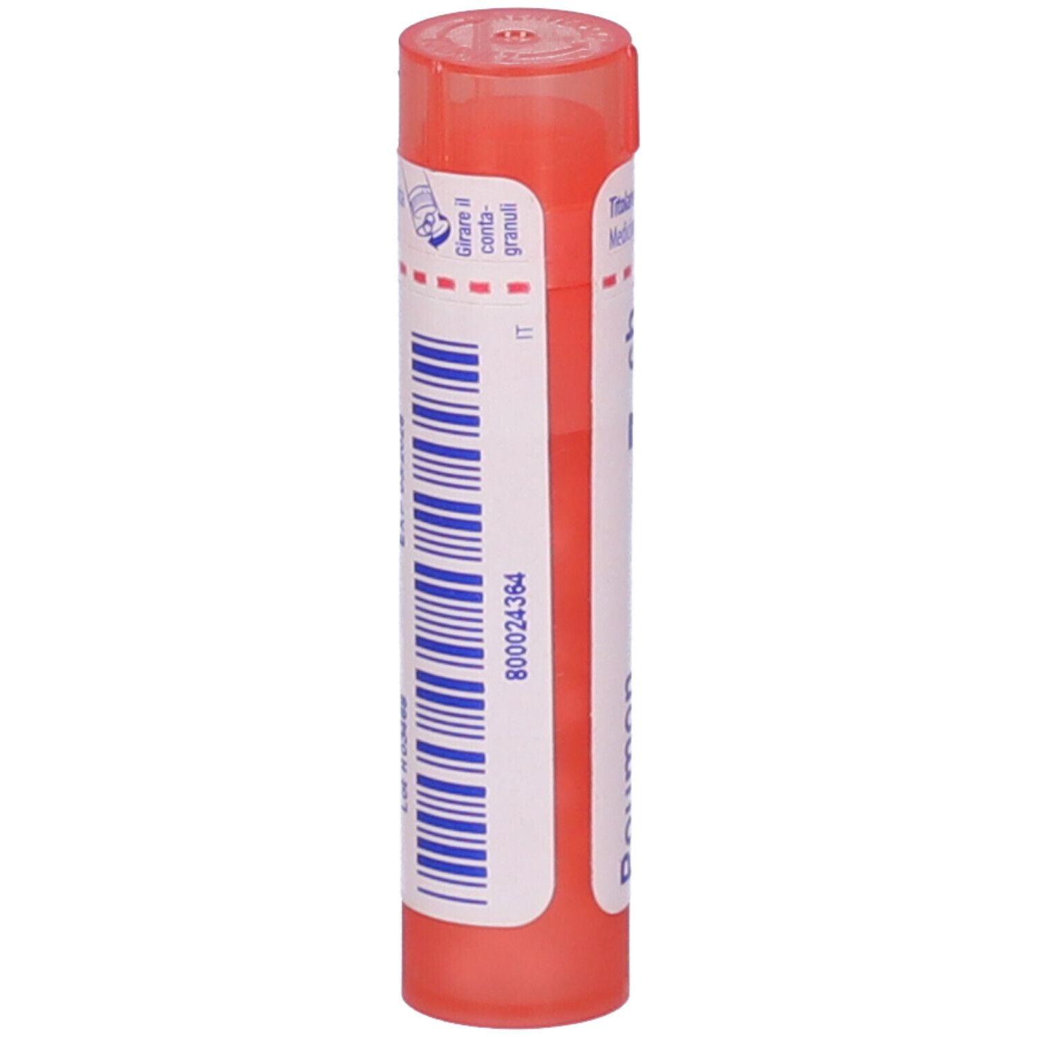 Tubo cilindrico rosa. Etichetta bianca con codice a barre e scritte. Tappo rosso. Marchio BOIRON.