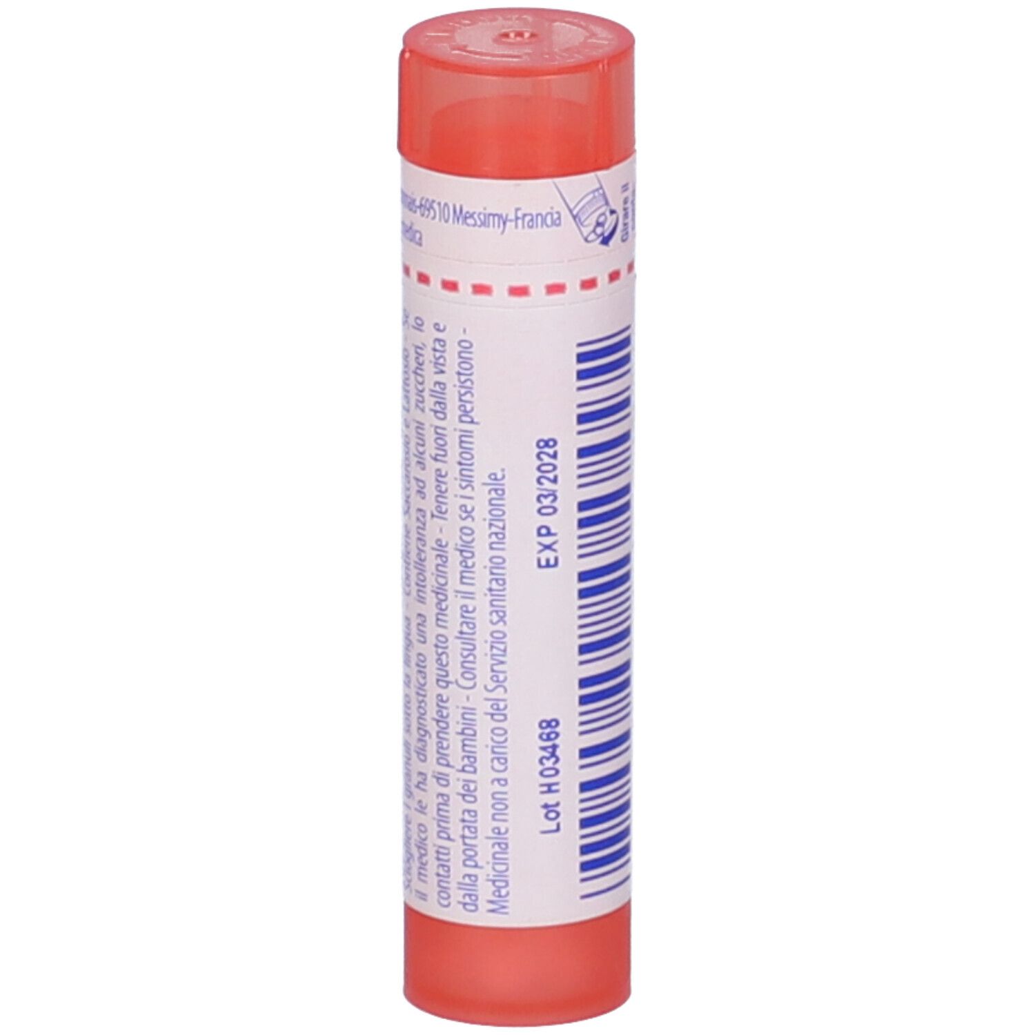 Tubo cilindrico rosa. Etichetta bianca con testo e data di scadenza. Tappo rosso. Marchio BOIRON.