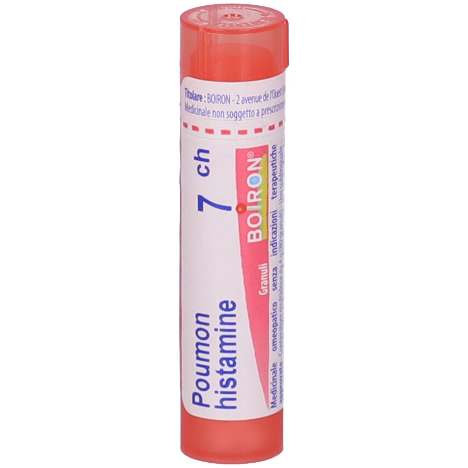 Tubo cilindrico rosa. Etichetta bianca con scritta: Poumon histamine 7 ch, BOIRON, Granuli. Tappo rosso.