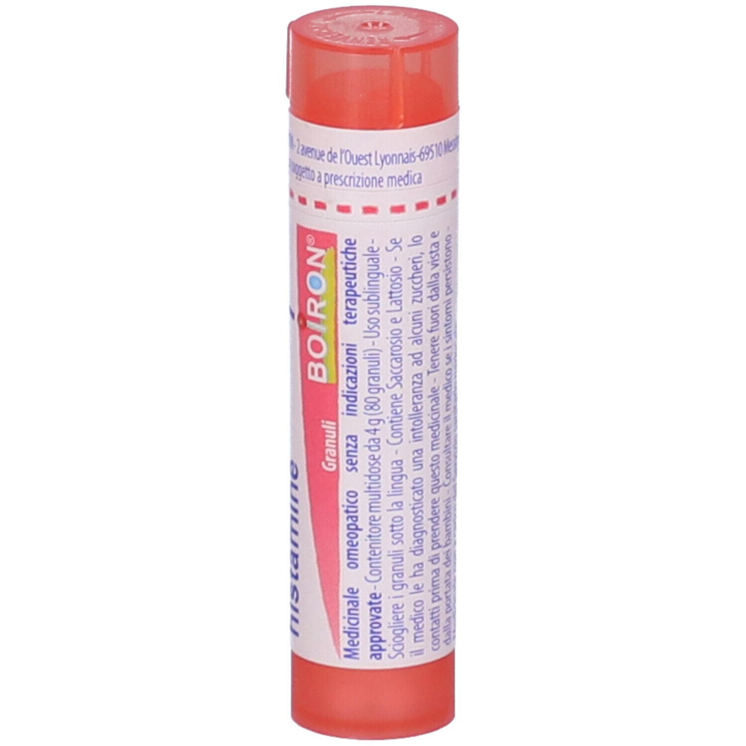 Tubo cilindrico rosa. Etichetta bianca con scritta: Poumon histamine, BOIRON, Granuli. Tappo rosso.