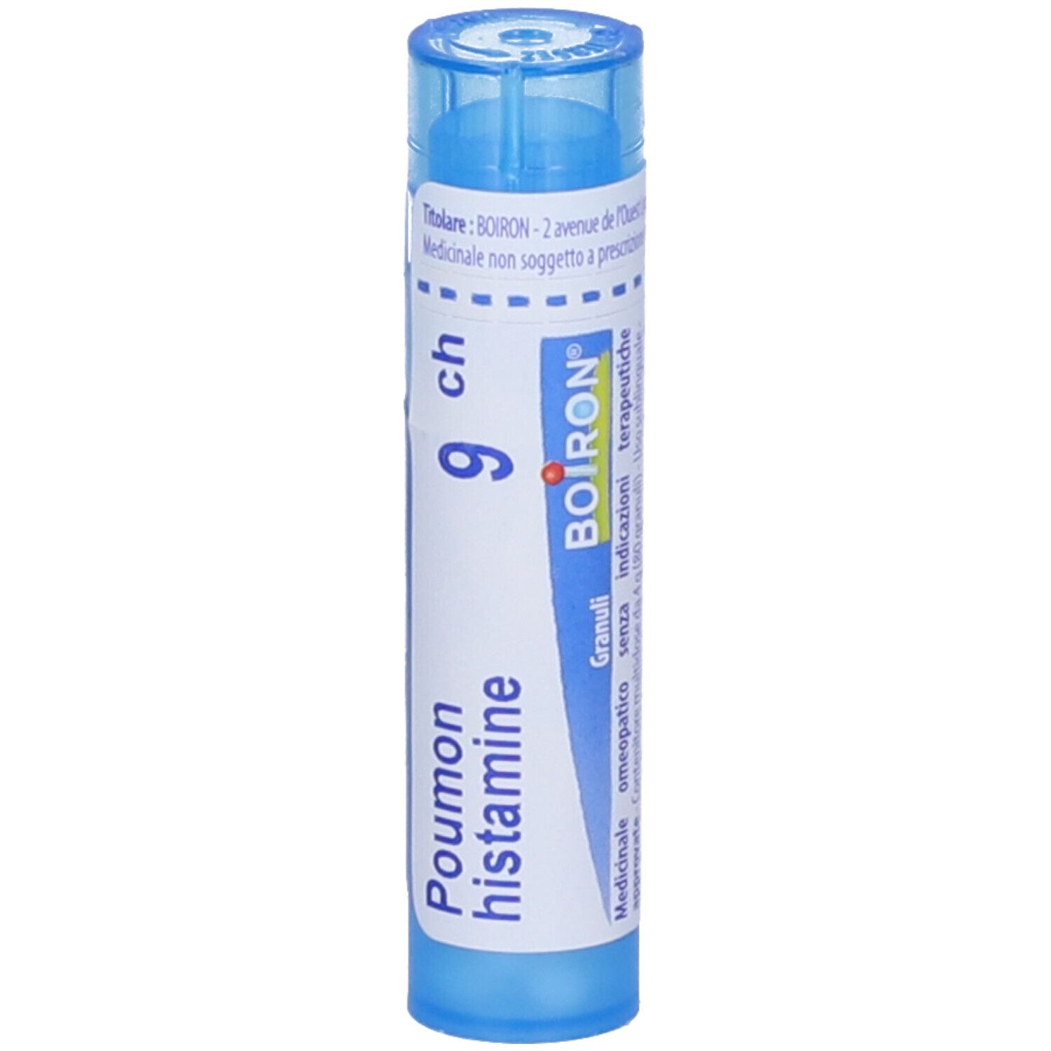 Tubo blu con scritta bianca. Scritta: Poumon histamine 9 ch, BOIRON. Nome del prodotto e marchio.