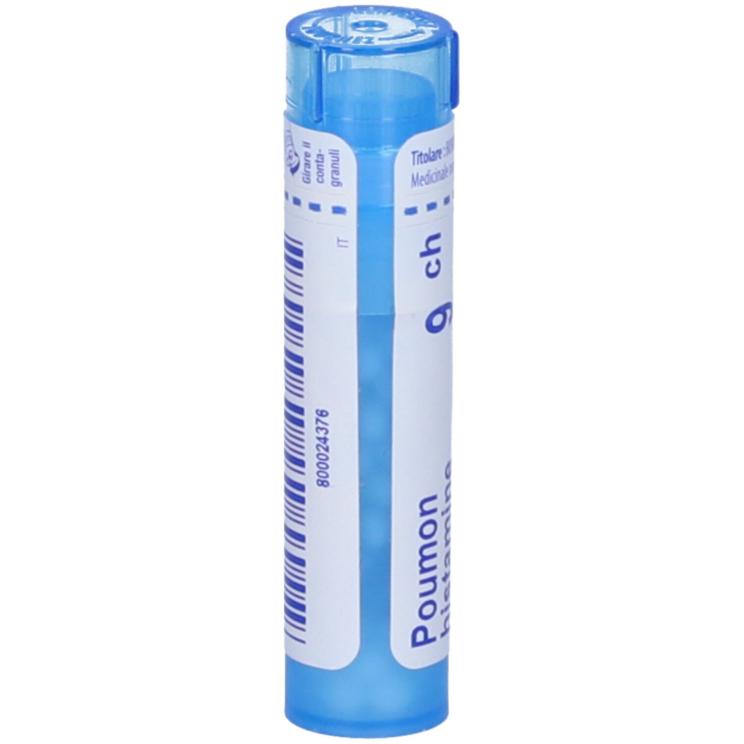 Tubo blu con scritta bianca e codice a barre. Scritta: Poumon histamine 9 ch, BOIRON. Nome e marchio.