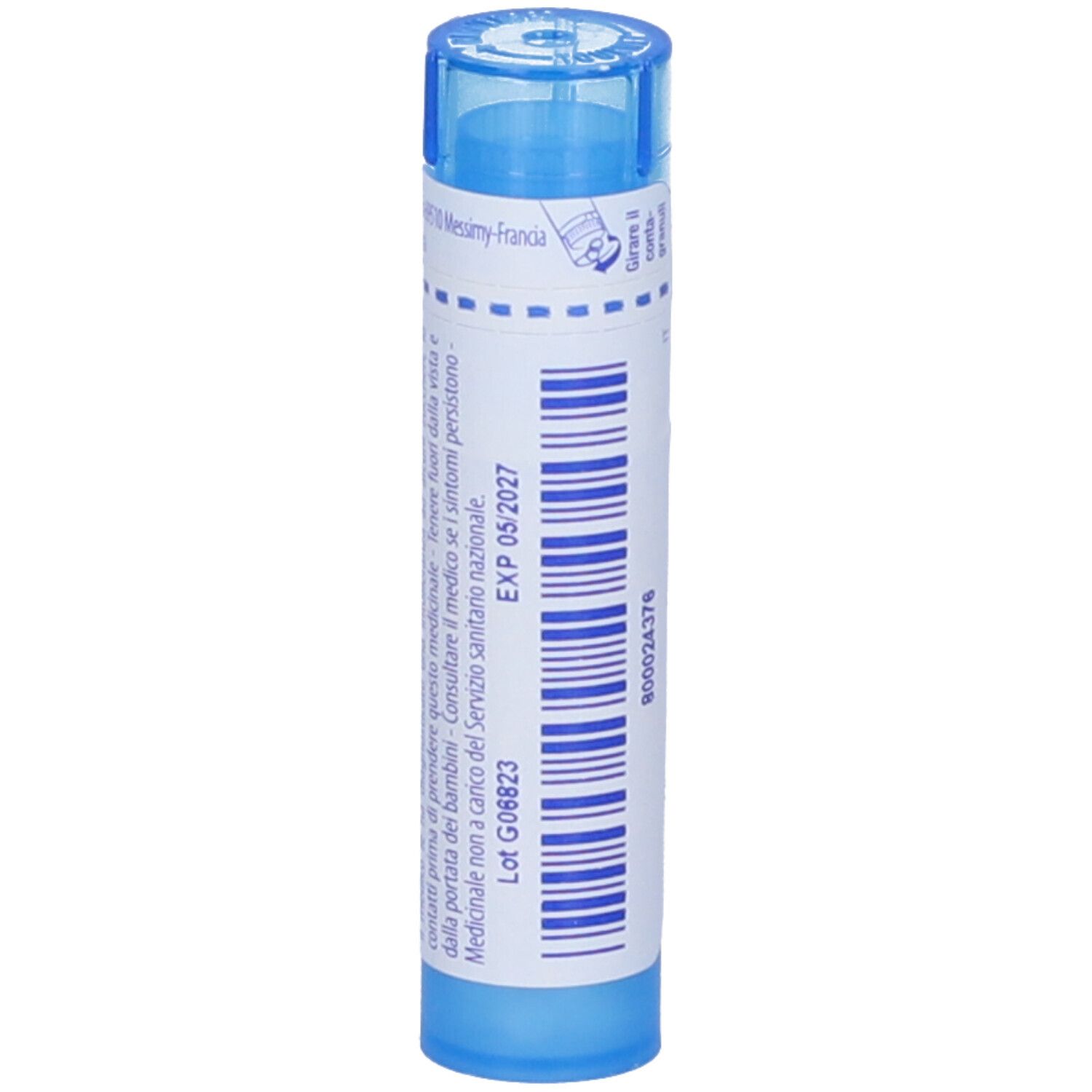 Tubo blu con scritta bianca. Scritta: Poumon histamine 9 ch, BOIRON. Scadenza: 05/2027.