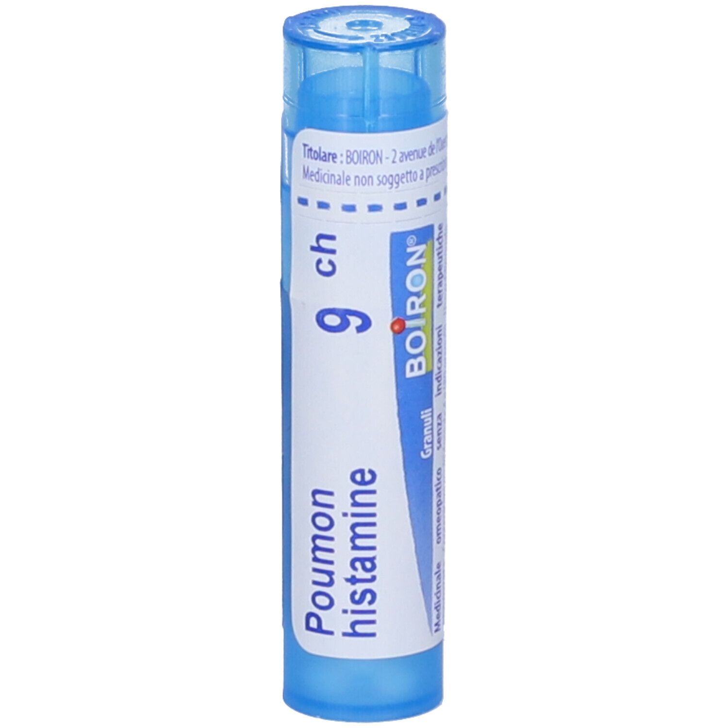 Tubo blu con scritta bianca. Scritta: Poumon histamine 9 ch, BOIRON. Nome del prodotto e marchio.
