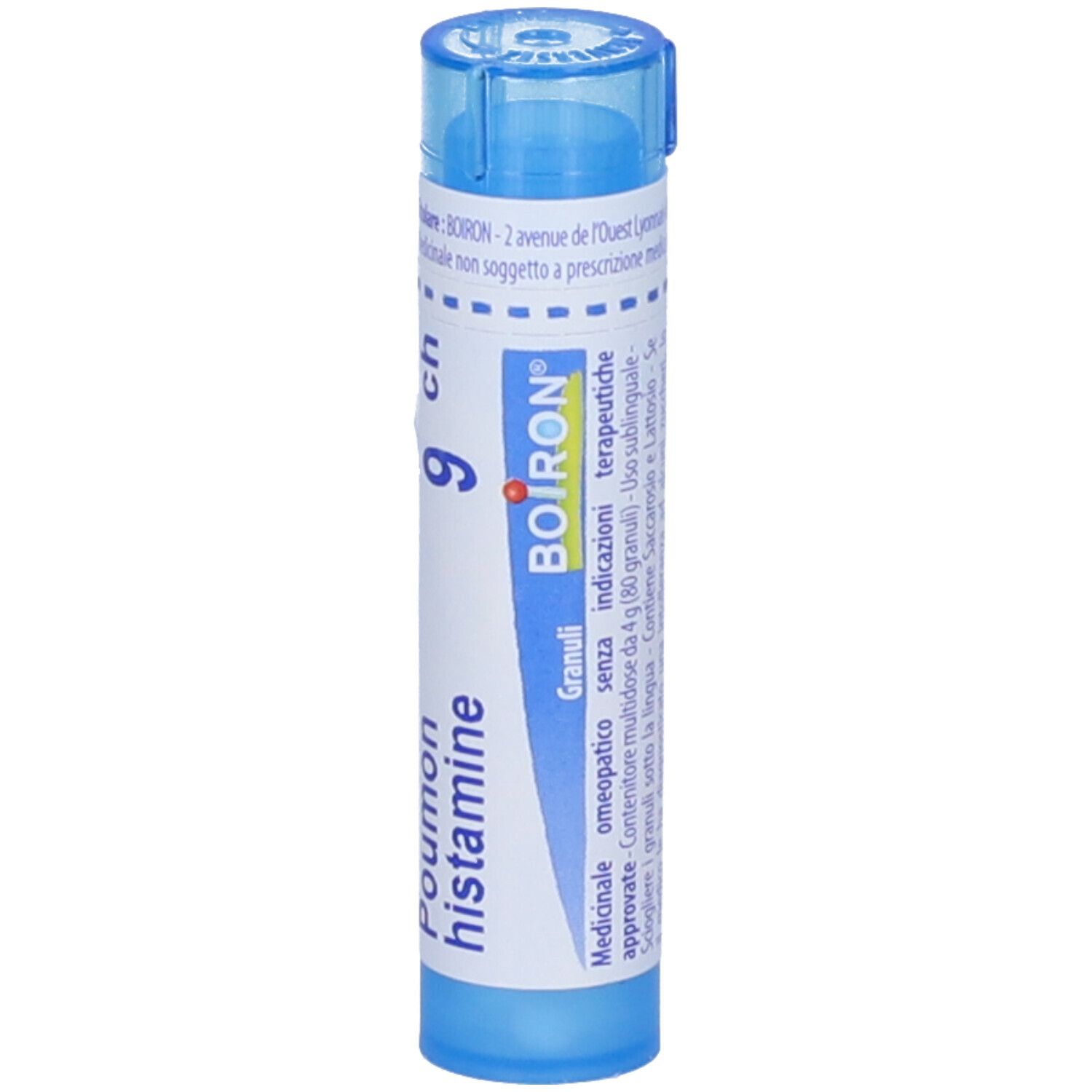 Tubo blu con scritta bianca. Scritta: Poumon histamine 9 ch, BOIRON. Informazioni aggiuntive.