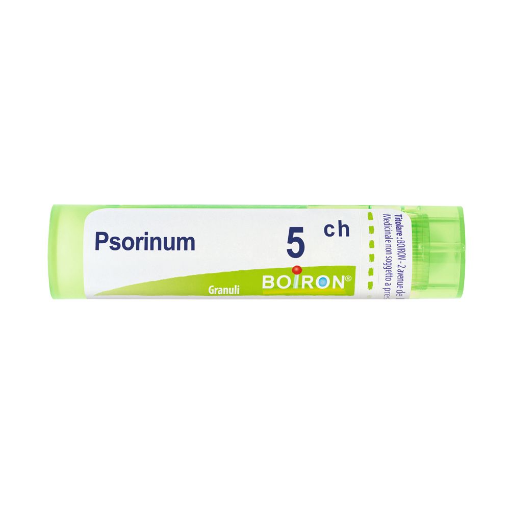 Confezione cilindrica con etichetta bianca. Scritta: Psorinum 5 ch, Granuli, BOIRON. Tappo e base verdi.