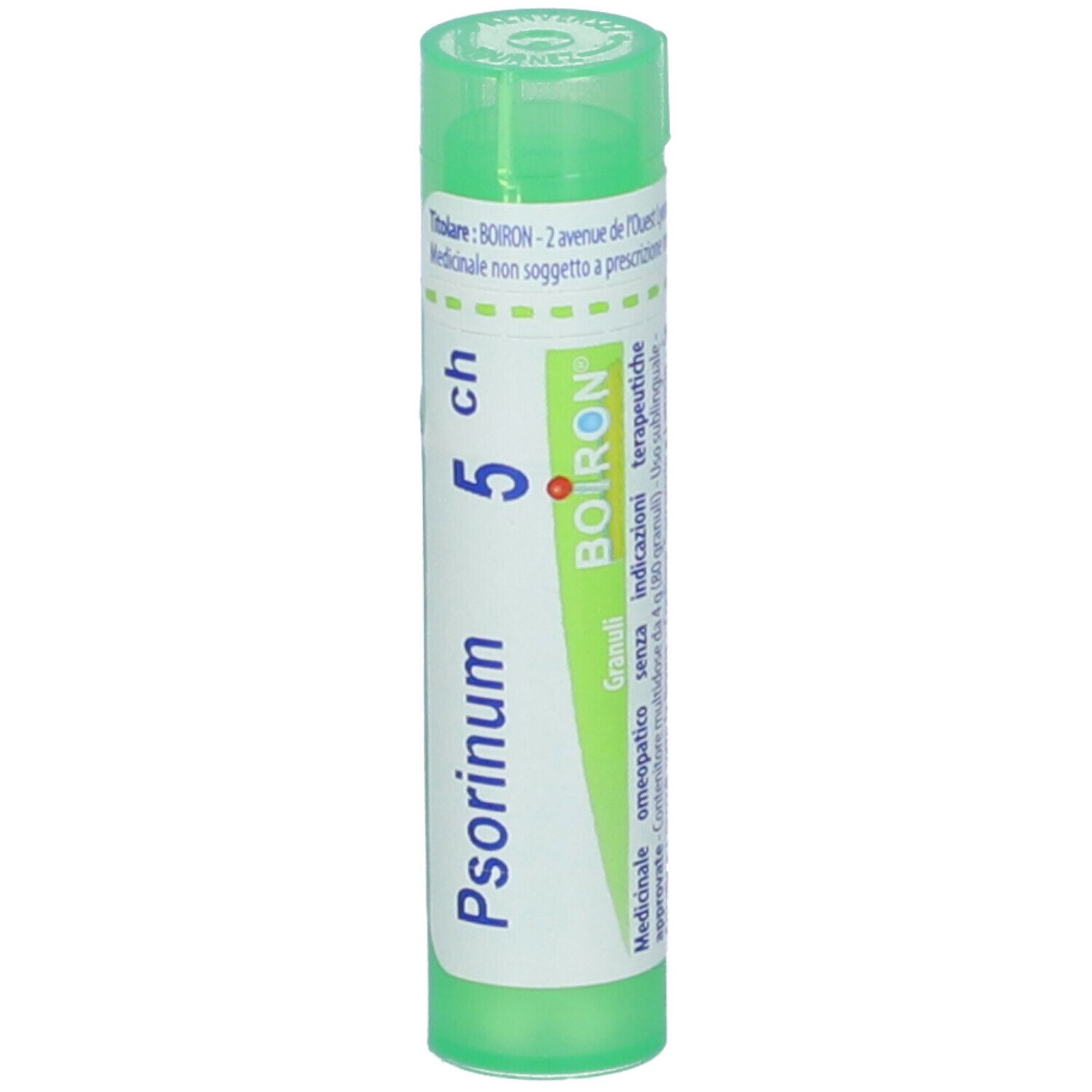Confezione cilindrica, verde e bianca. Scritta: Psorinum 5 ch, BOIRON. Granuli. Tappo verde. Testo in italiano.