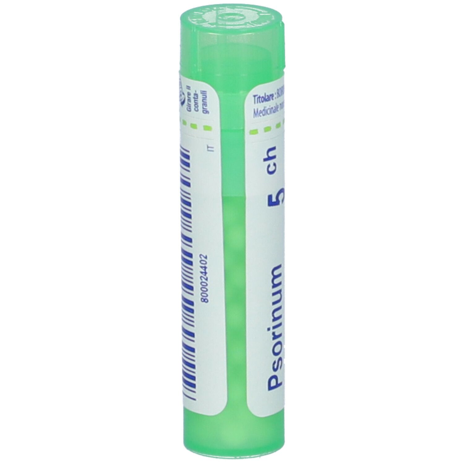Confezione cilindrica, verde e bianca. Scritta: Psorinum 5 ch. Codice a barre e testo in italiano. Tappo verde.