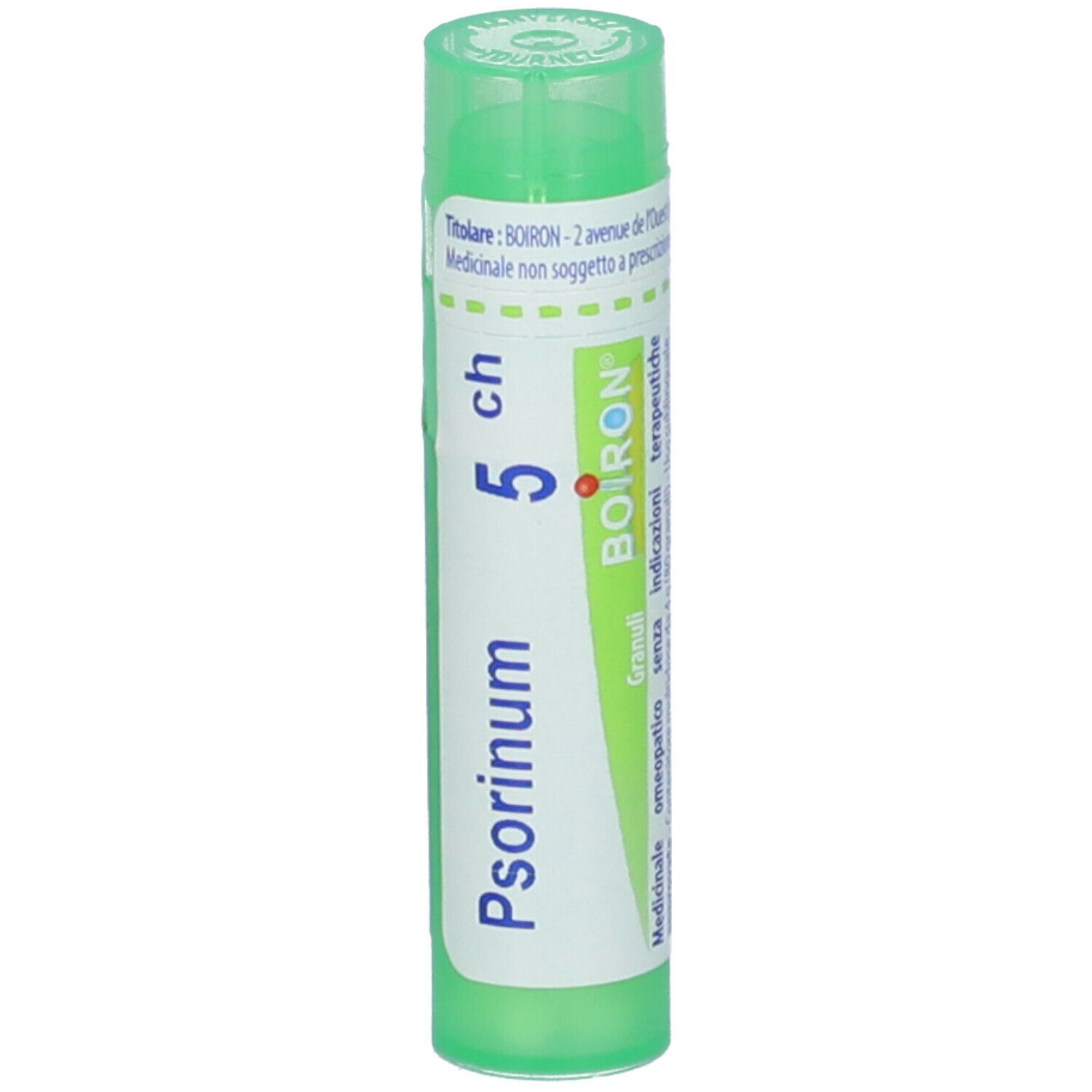 Confezione cilindrica, verde e bianca. Scritta: Psorinum 5 ch, BOIRON. Granuli. Tappo verde. Testo in italiano.