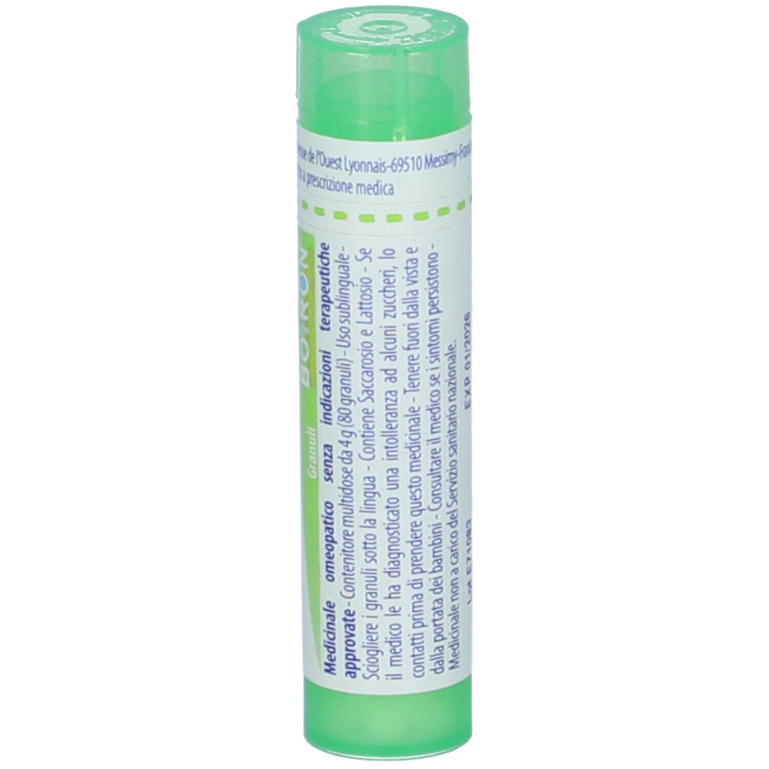 Confezione cilindrica, verde e bianca. Scritta: Psorinum 5 ch. Testo in italiano. Tappo verde. Dettagli.