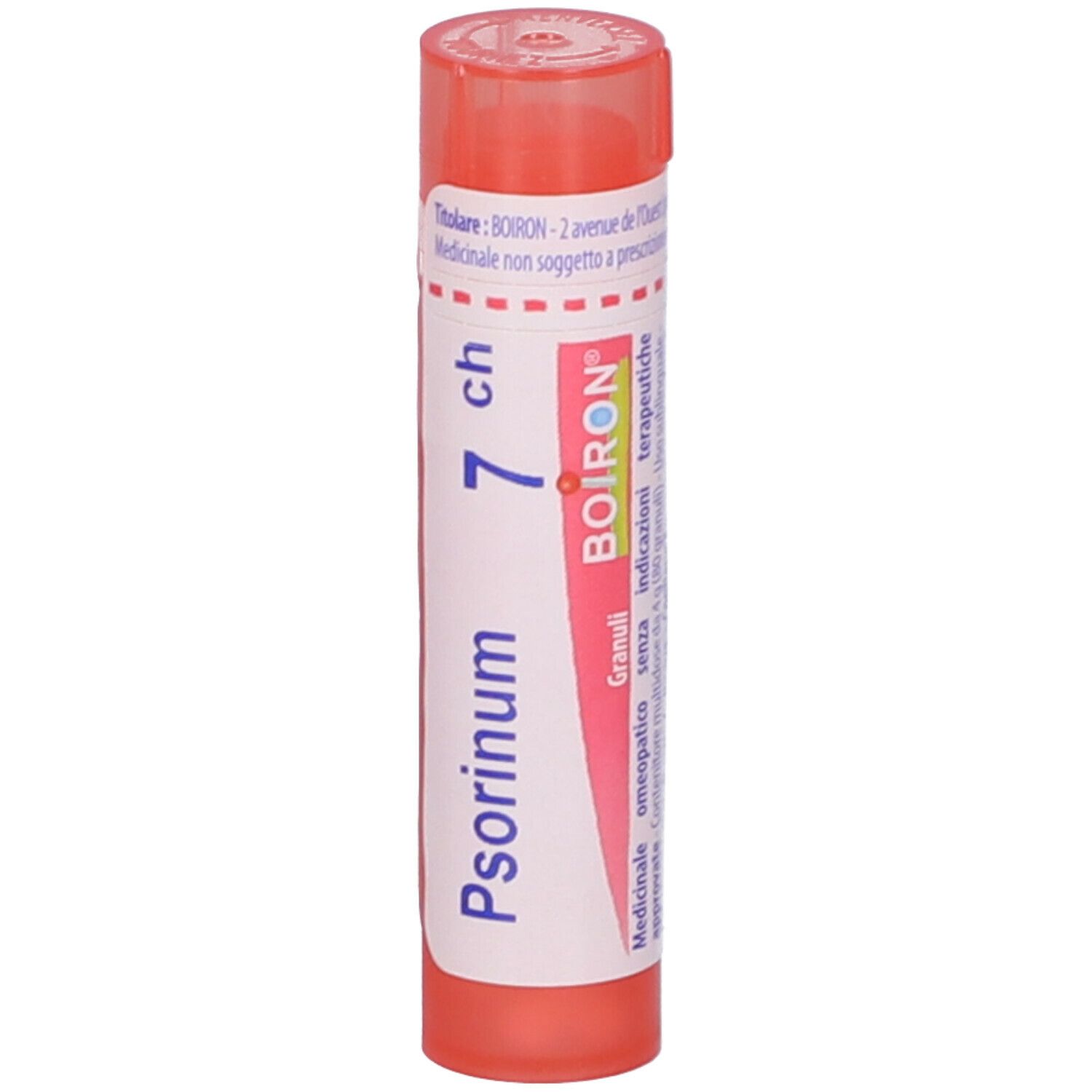 Confezione cilindrica con Psorinum 7 ch e logo Boiron. Rosa e bianco. Granuli.