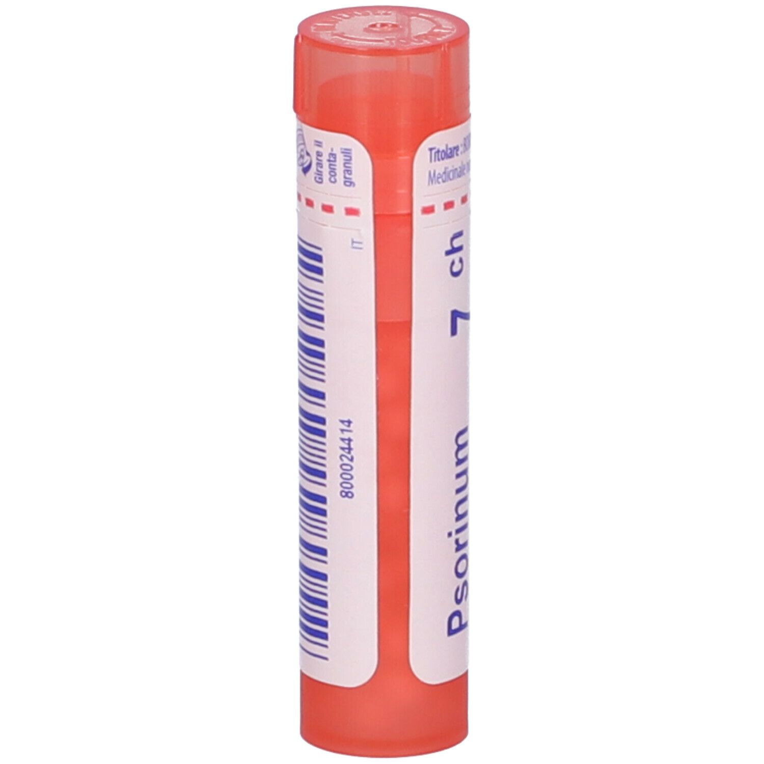 Confezione cilindrica con Psorinum 7 ch. Rosa e bianco. Etichetta con informazioni.