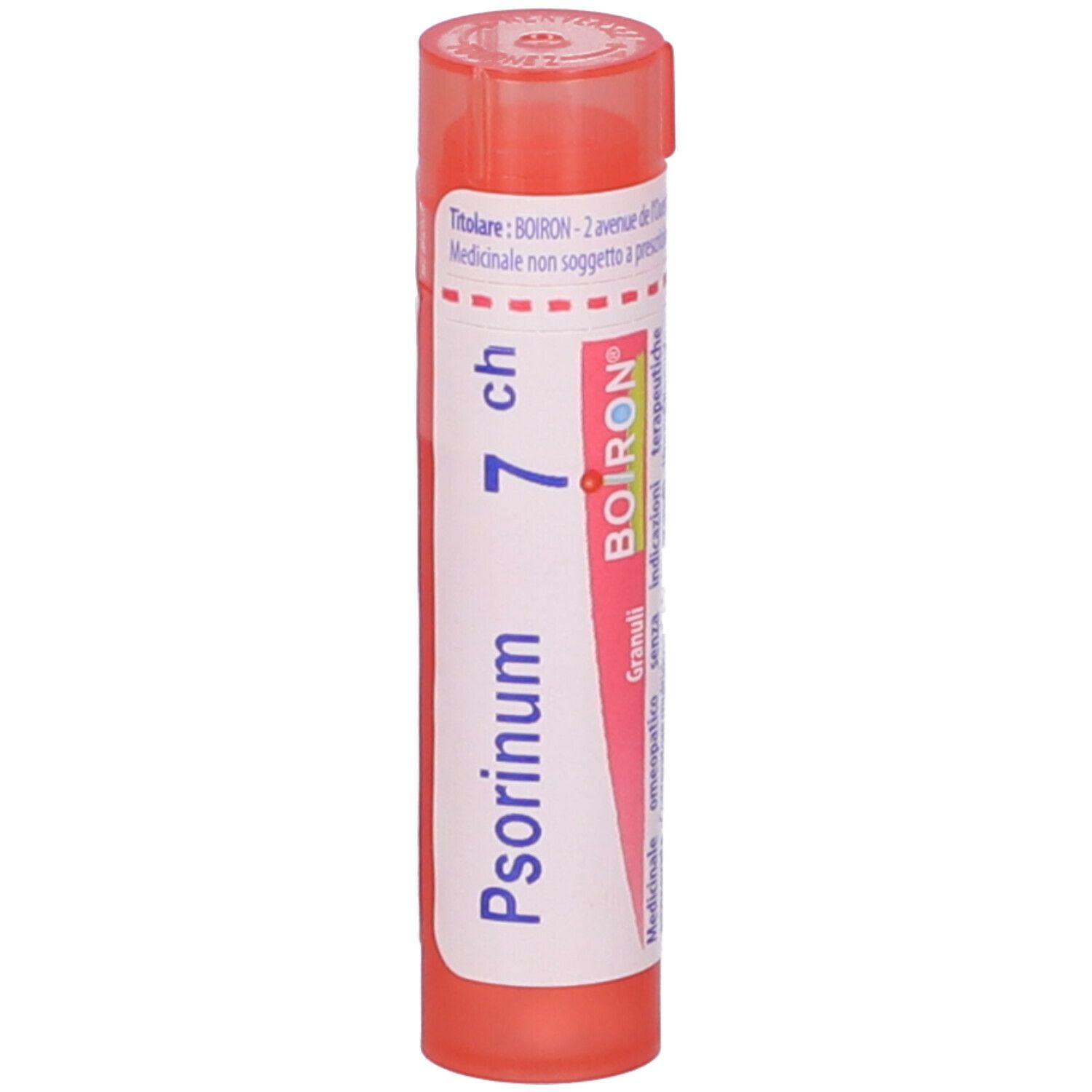 Confezione cilindrica con Psorinum 7 ch e logo Boiron. Rosa e bianco. Granuli.