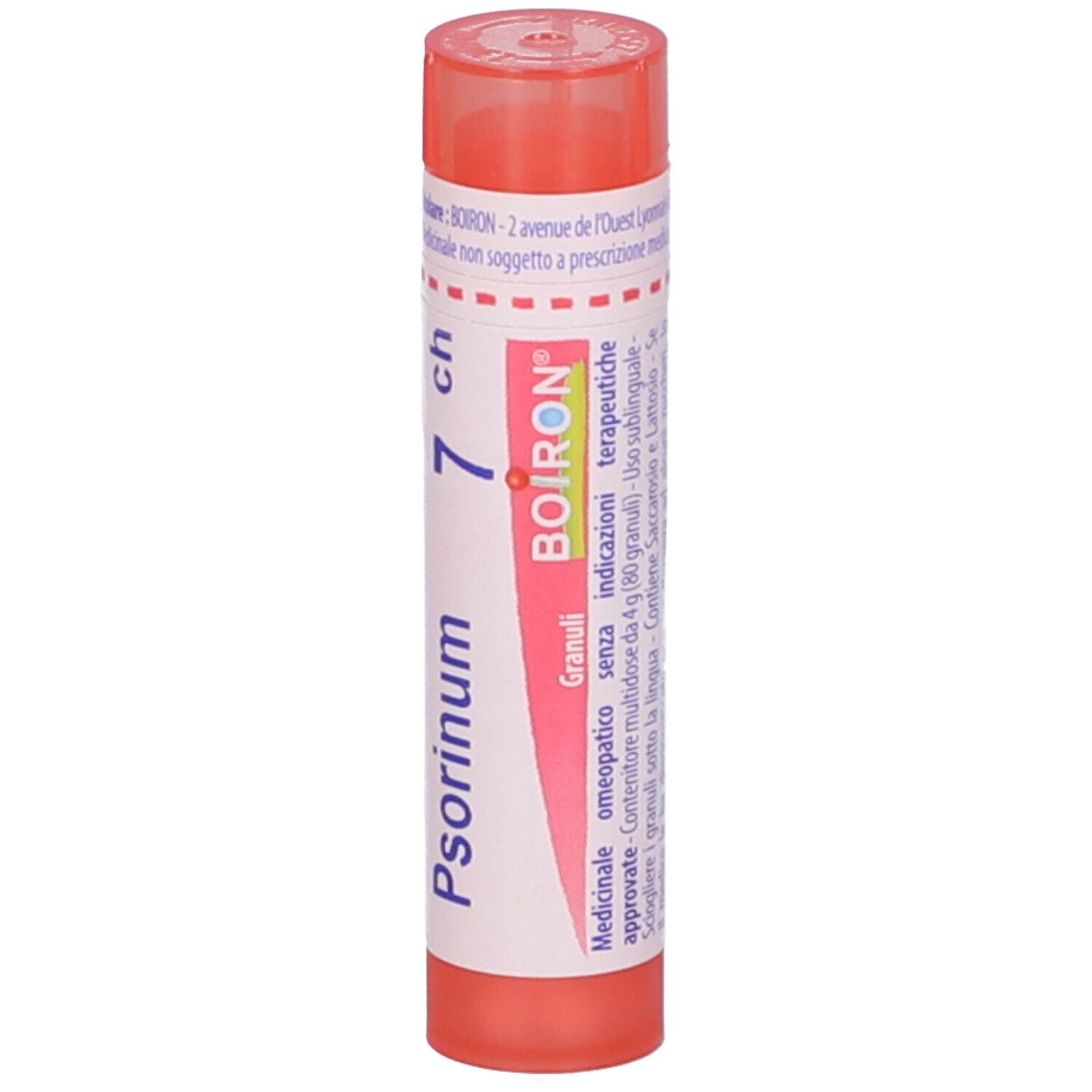 Confezione cilindrica con Psorinum 7 ch e logo Boiron. Rosa e bianco. Granuli.