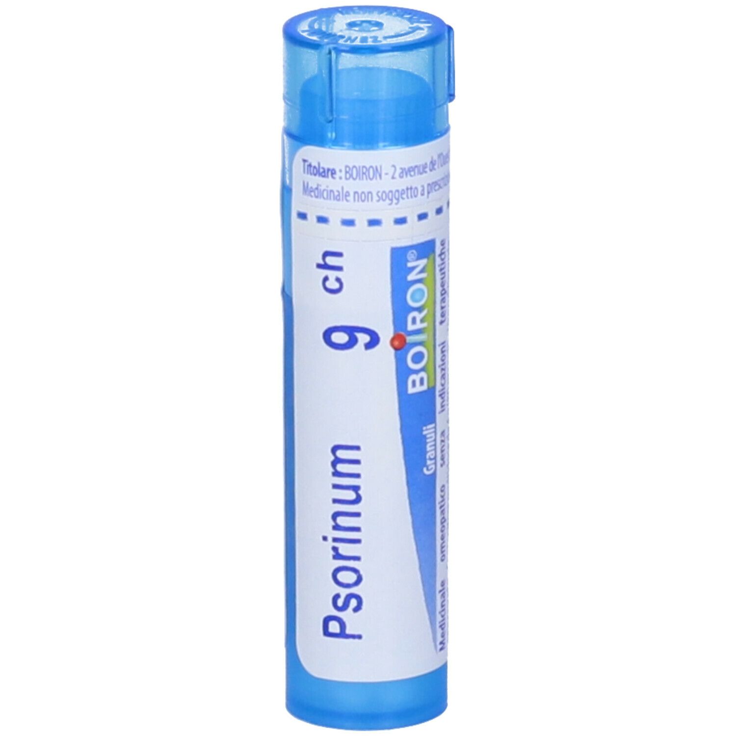 Confezione cilindrica blu con 'Psorinum 9 ch' e logo BOIRON. Scritta 'Granuli' e 'Medicinale omeopatico'.