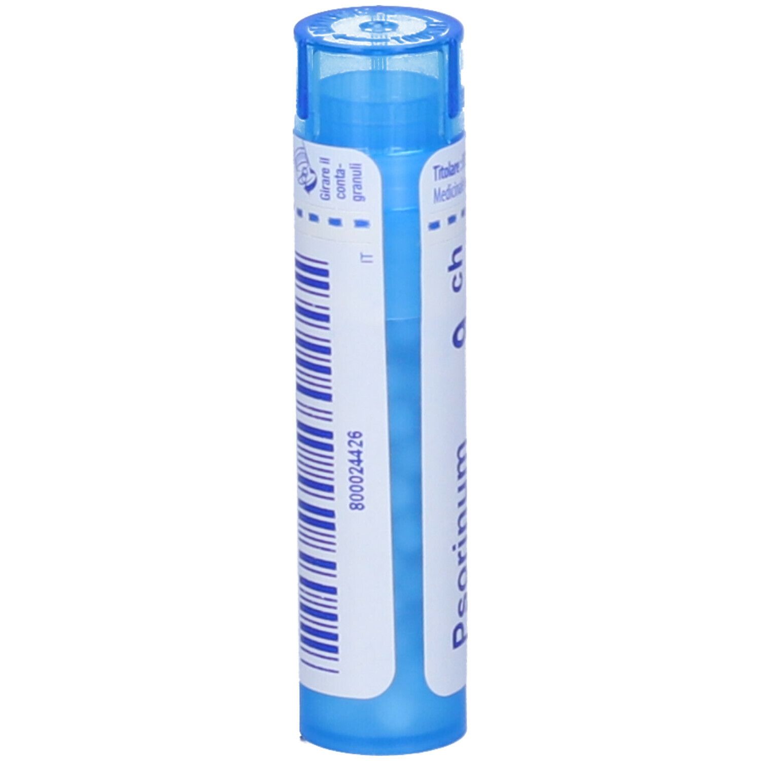 Confezione cilindrica blu con codice a barre e 'Psorinum 9 ch'. Scritta '800024426' e 'IT'.