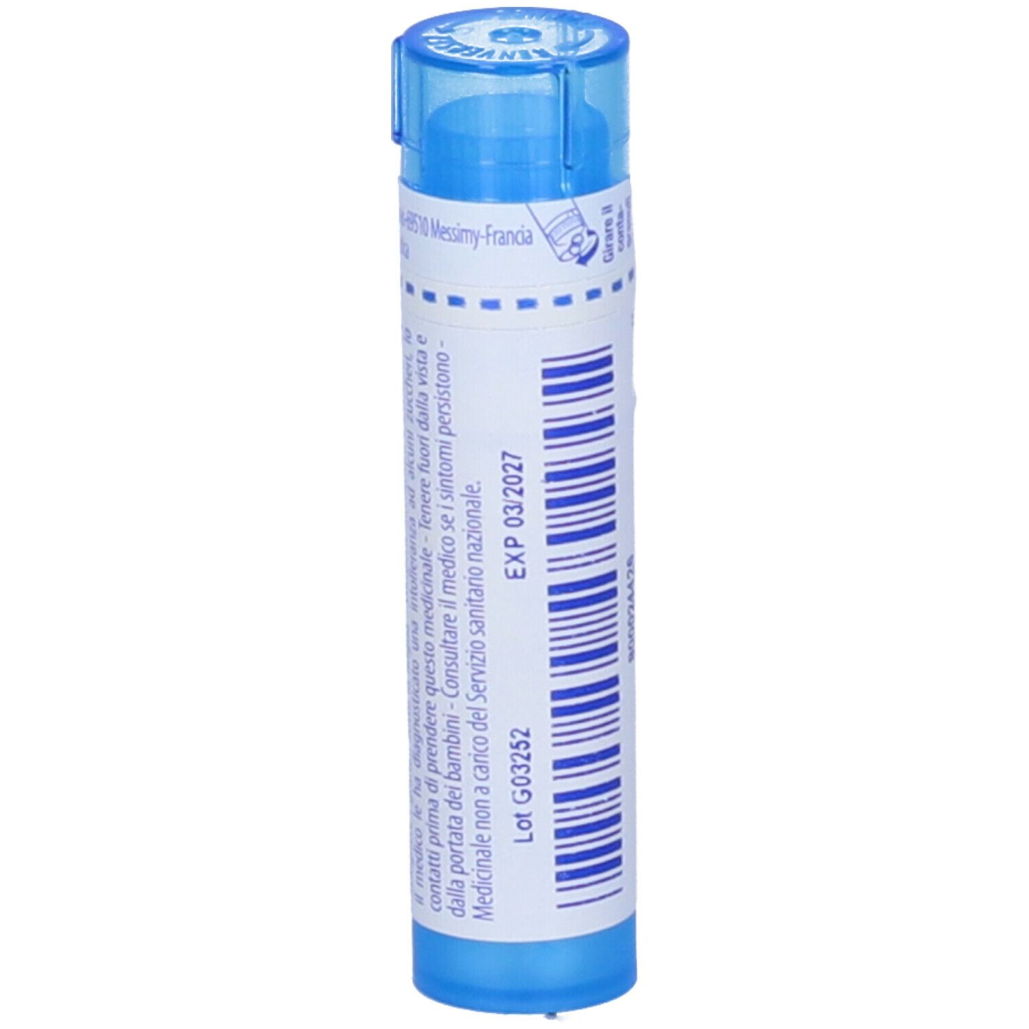 Confezione cilindrica blu con 'EXP 03/2027' e 'Lot G03252'. Testo sulle informazioni mediche.