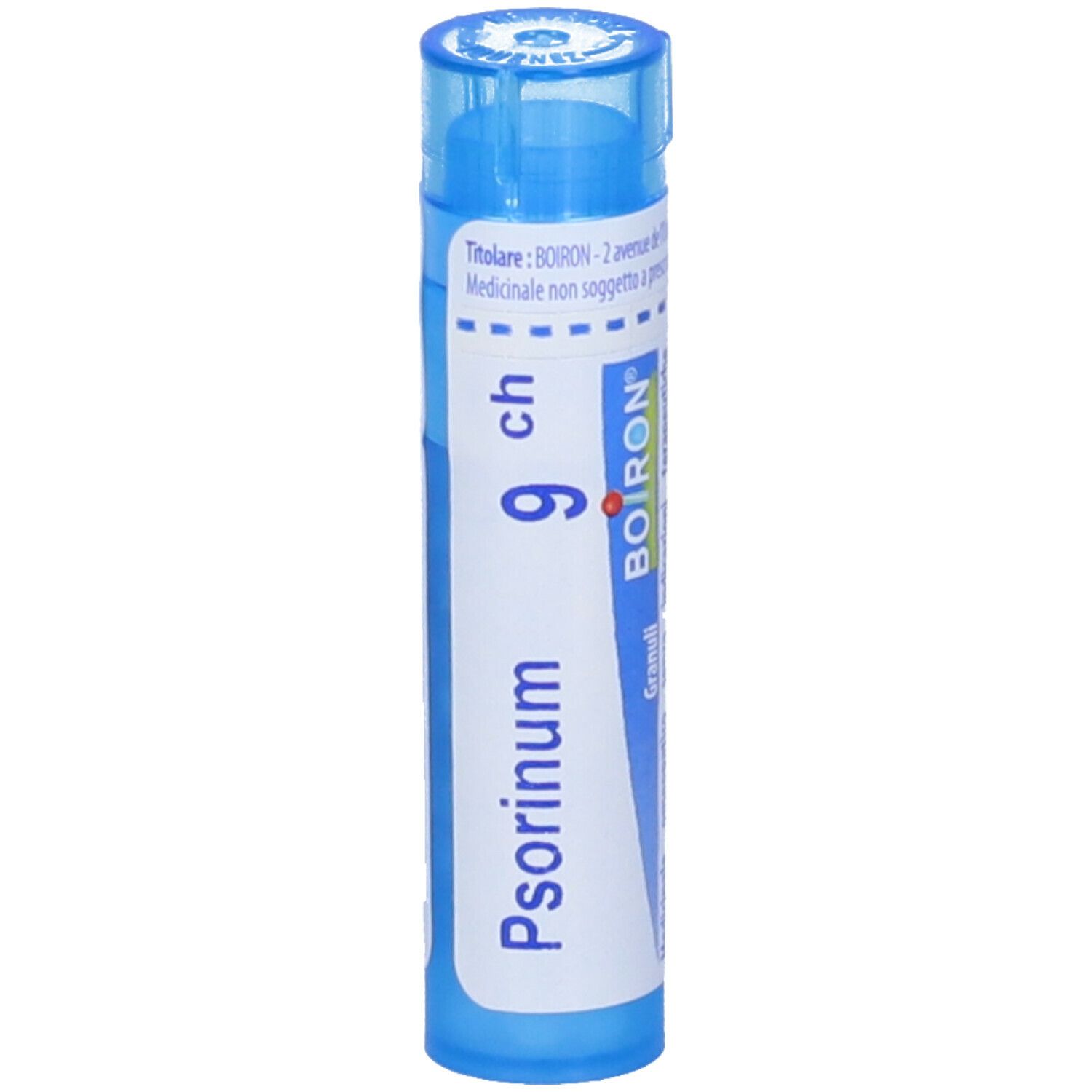Confezione cilindrica blu con 'Psorinum 9 ch' e logo BOIRON. Scritta 'Granuli' e 'Medicinale omeopatico'.