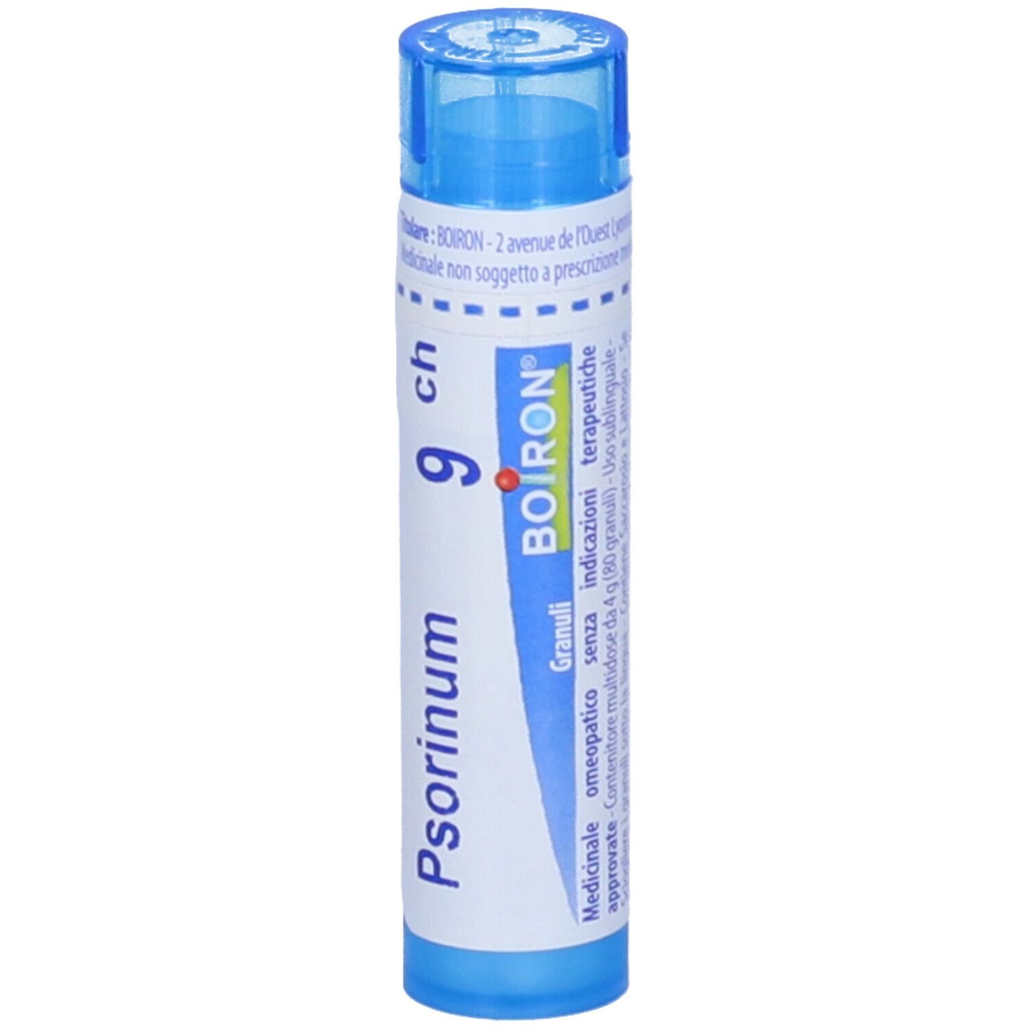 Confezione cilindrica blu con 'Psorinum 9 ch' e logo BOIRON. Scritta 'Granuli' e 'Medicinale omeopatico'.