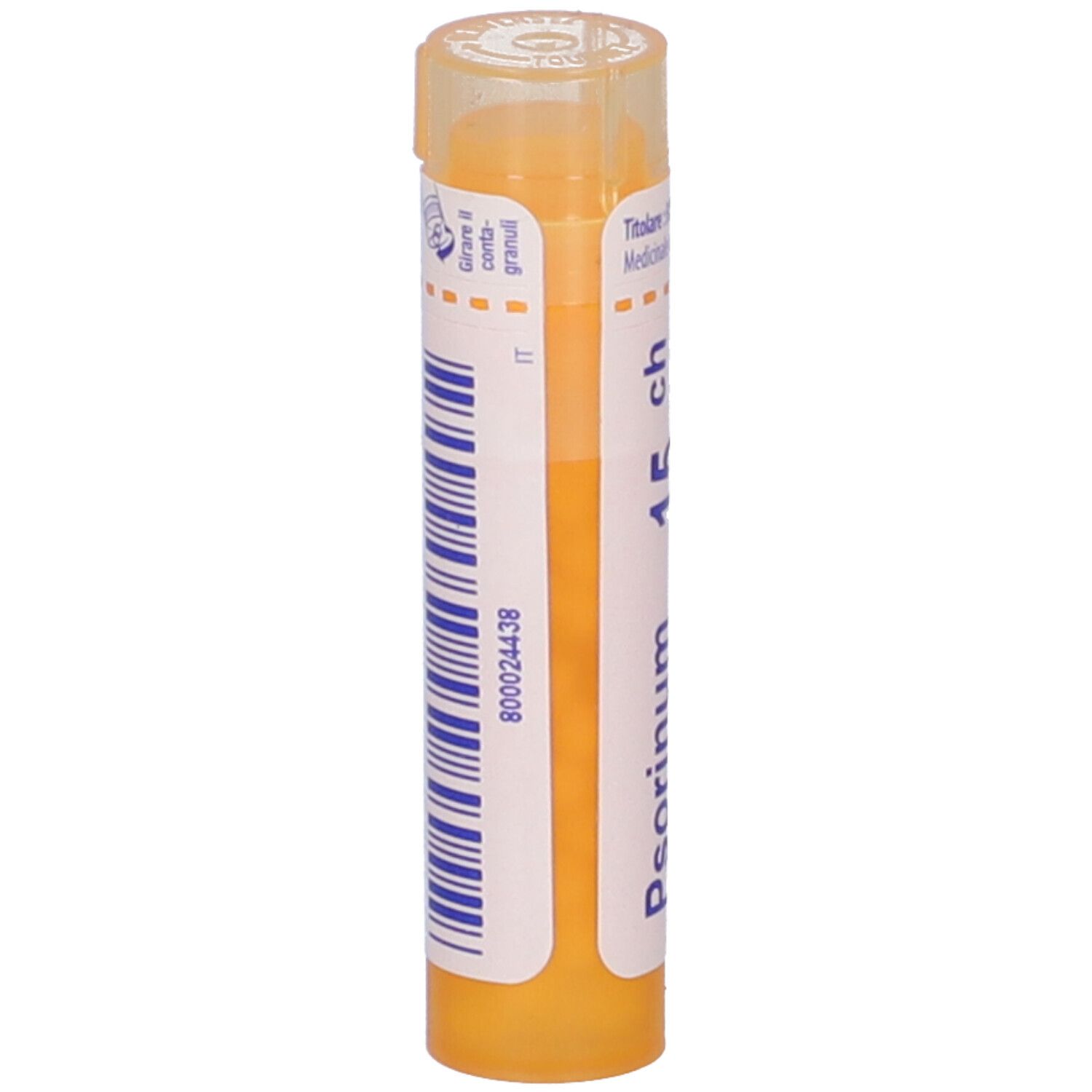 Confezione cilindrica BOIRON® Psorinum 15 Ch Granuli. Etichetta bianca con codice a barre e informazioni.