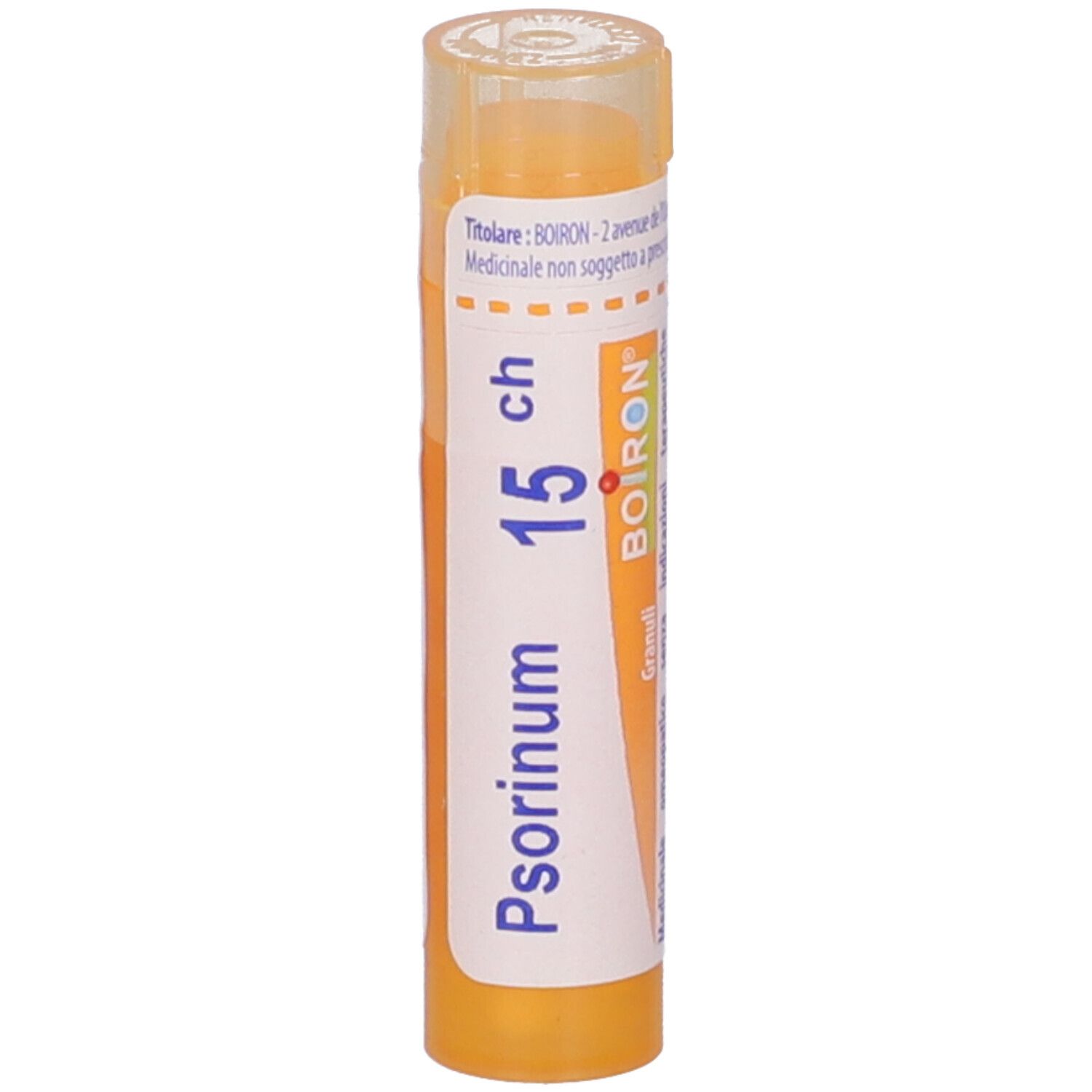 Confezione cilindrica BOIRON® Psorinum 15 Ch Granuli. Contenitore arancione con etichetta bianca e informazioni.