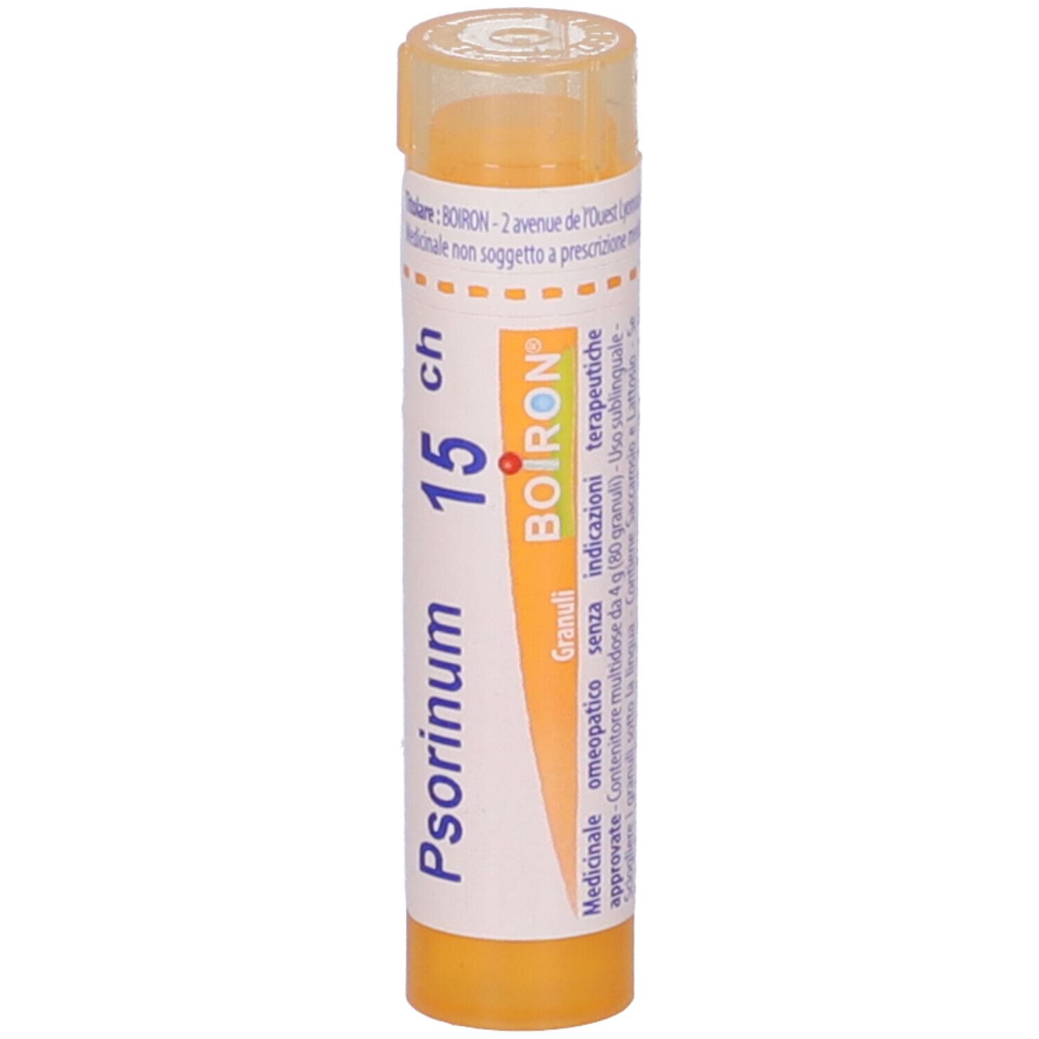 Confezione cilindrica BOIRON® Psorinum 15 Ch Granuli. Etichetta bianca con informazioni e logo.