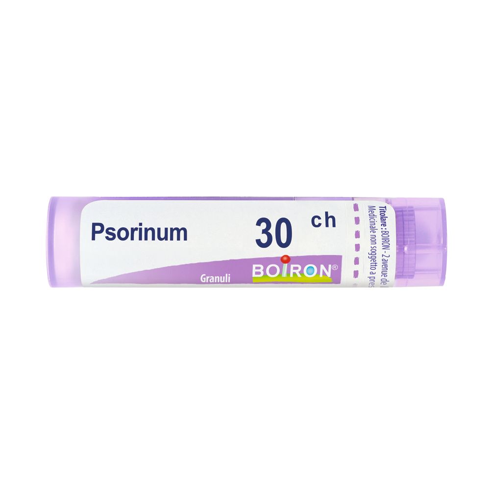 Confezione cilindrica viola con etichetta bianca. Scritta: Psorinum 30 ch, Granuli, BOIRON.