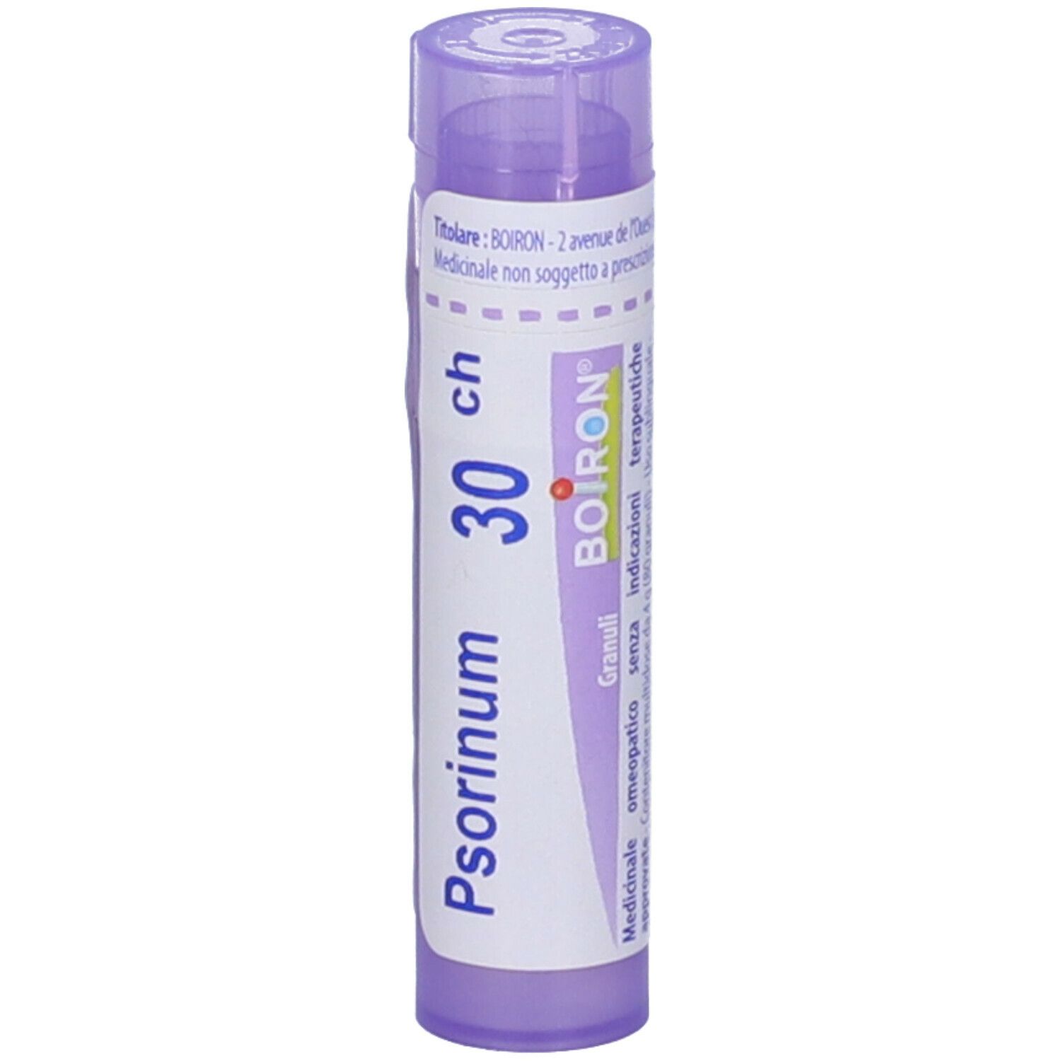 Confezione cilindrica viola. Scritta: Psorinum 30 ch, BOIRON. Coperchio con apertura.