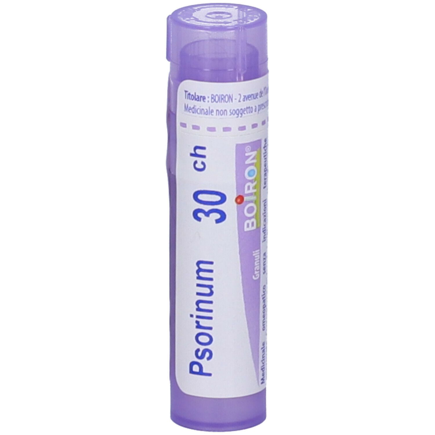 Confezione cilindrica viola. Scritta: Psorinum 30 ch, BOIRON. Con altre informazioni.