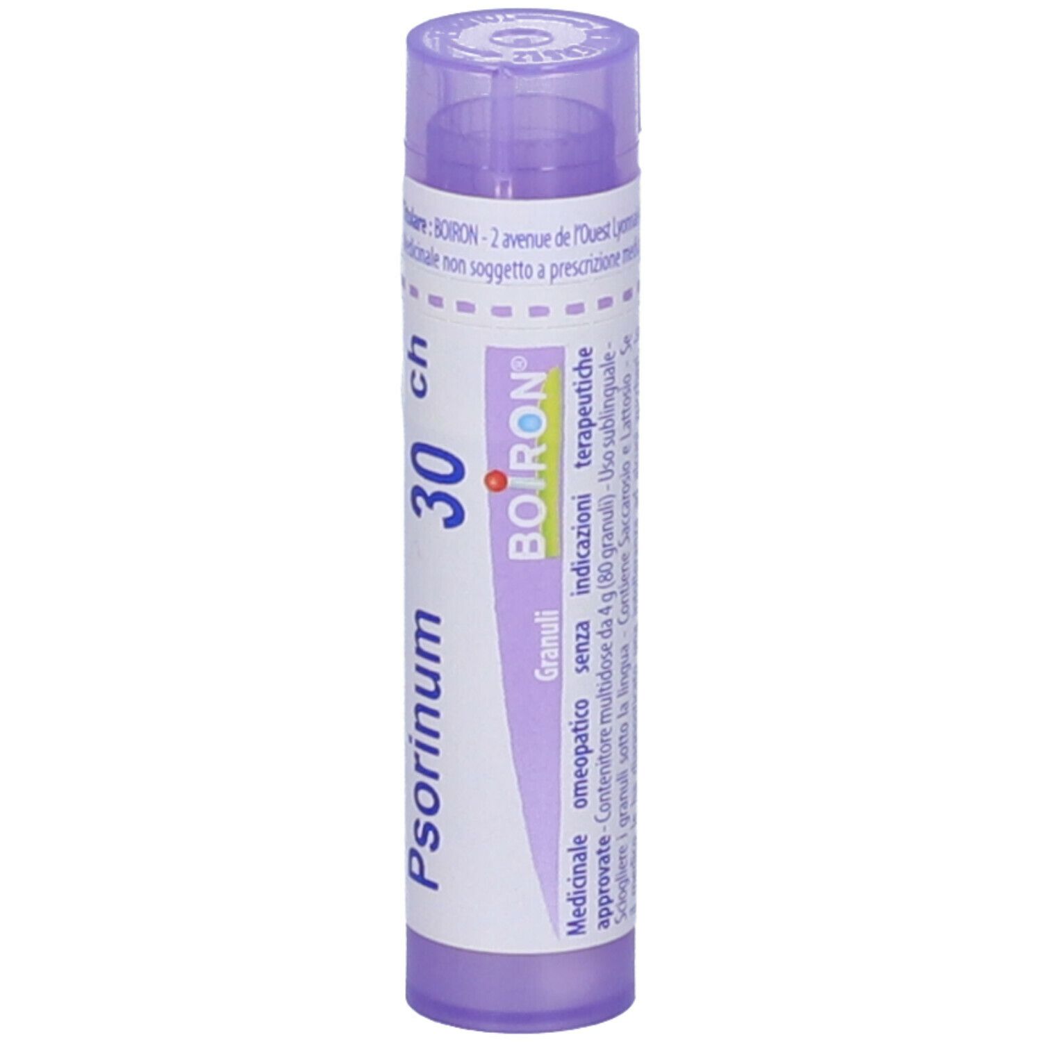 Confezione cilindrica viola. Scritta: Psorinum 30 ch, BOIRON. Con altre informazioni.