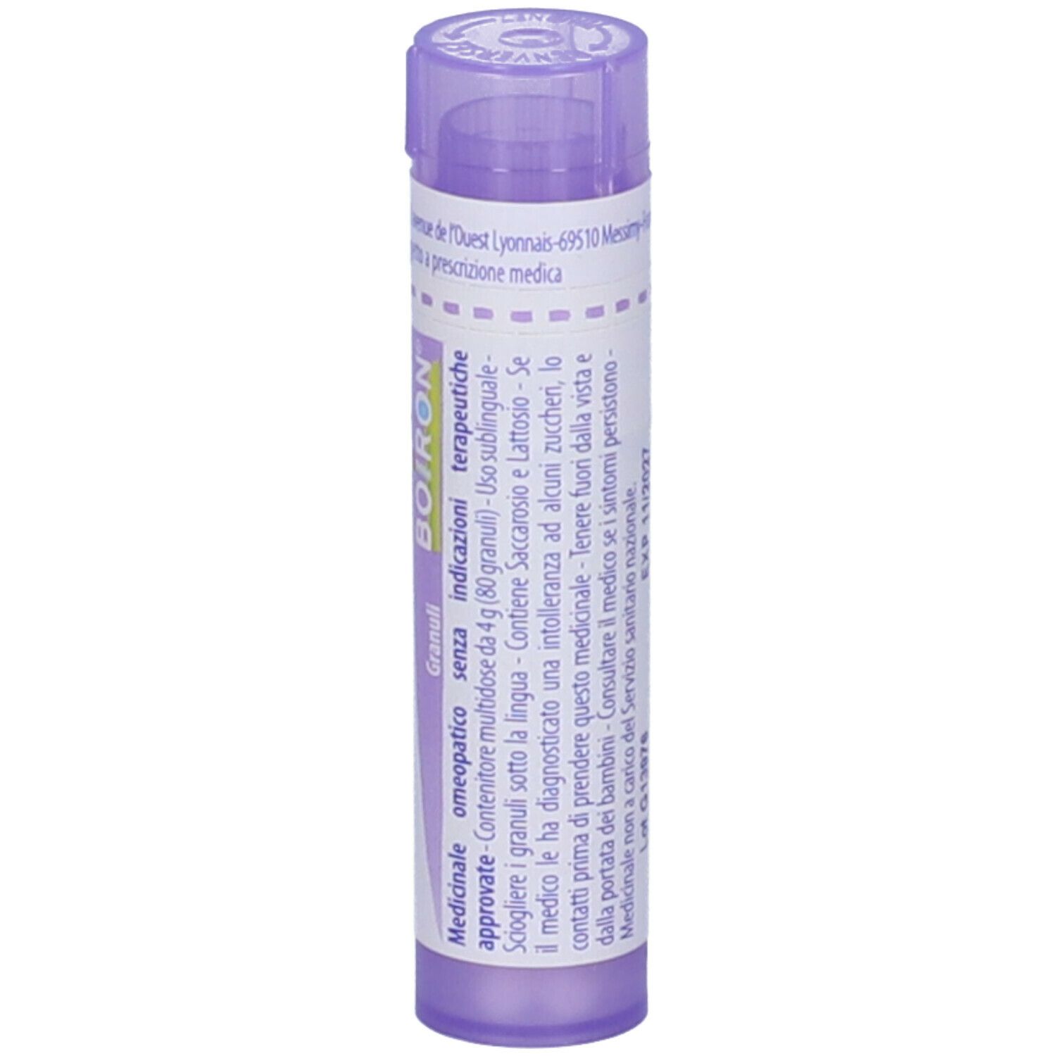 Confezione cilindrica viola. Scritta: Psorinum 30 ch, BOIRON. Con altre informazioni.