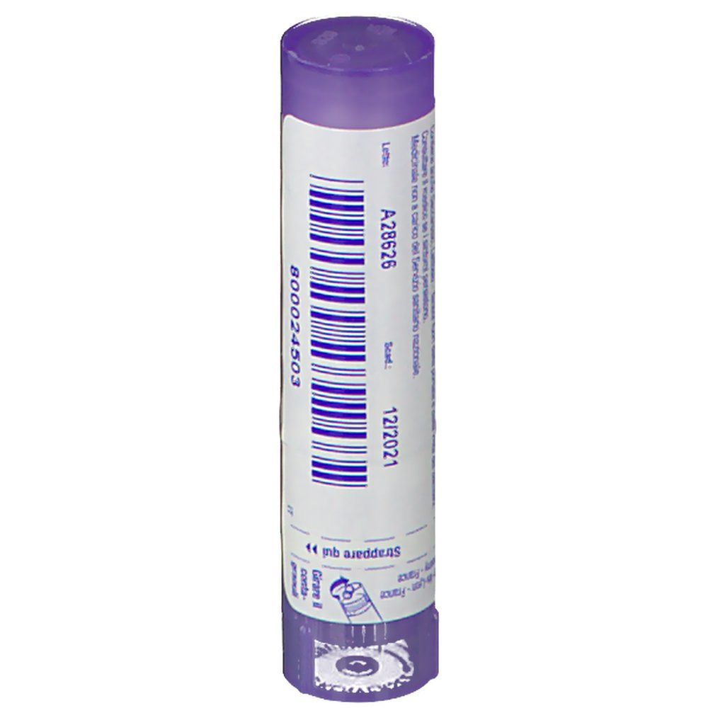 Confezione cilindrica viola. Codice a barre e numero prodotto. Scritta '12/2021'.