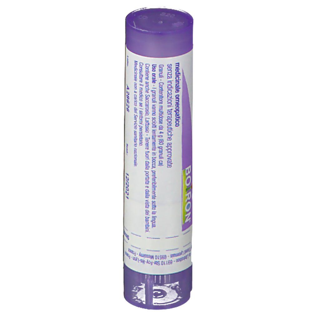 Confezione cilindrica viola. Scritta 'BOIRON'. Testo in italiano.