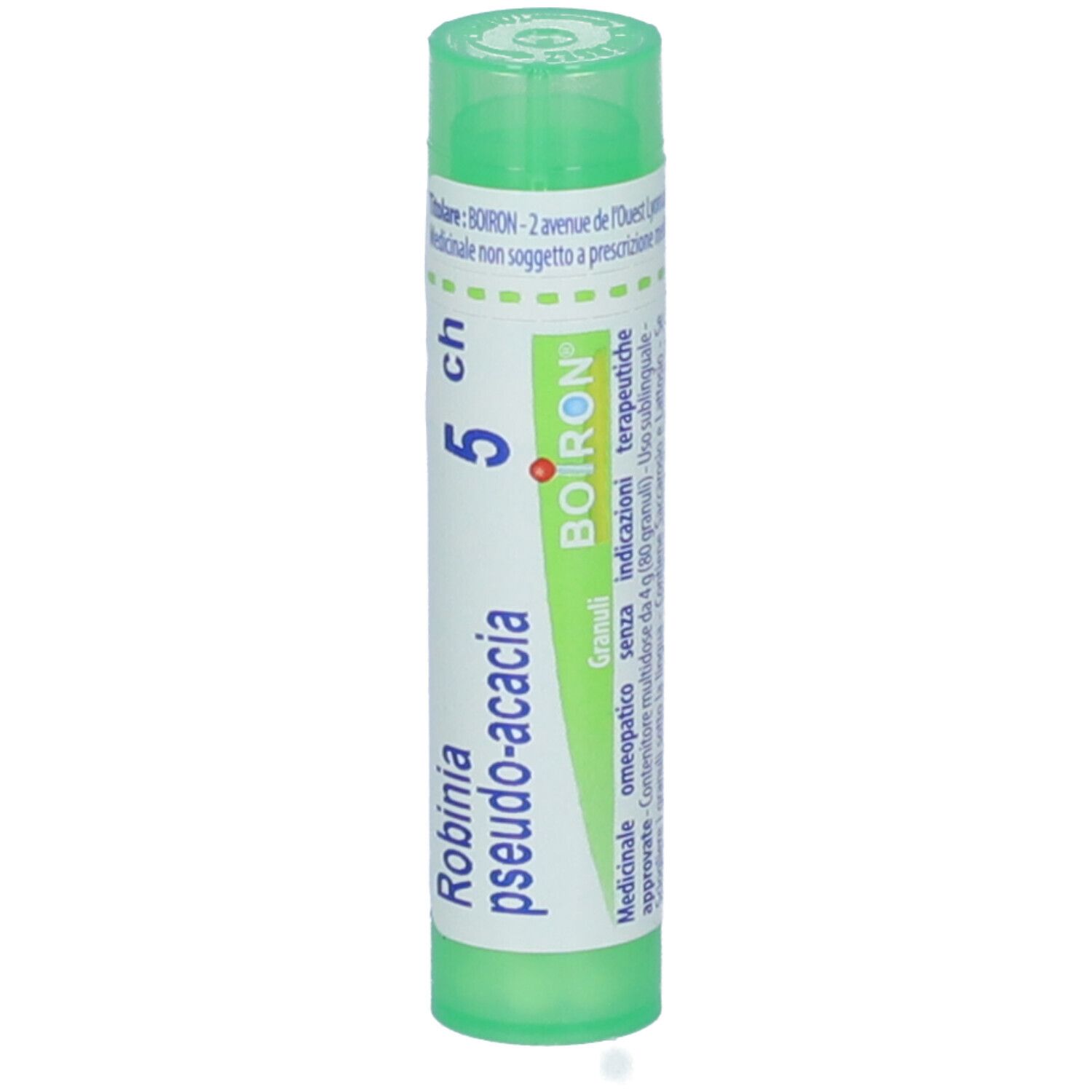 Tubo verde con scritte bianche. Scritte: Robinia pseudo-acacia 5 ch, BOIRON.
