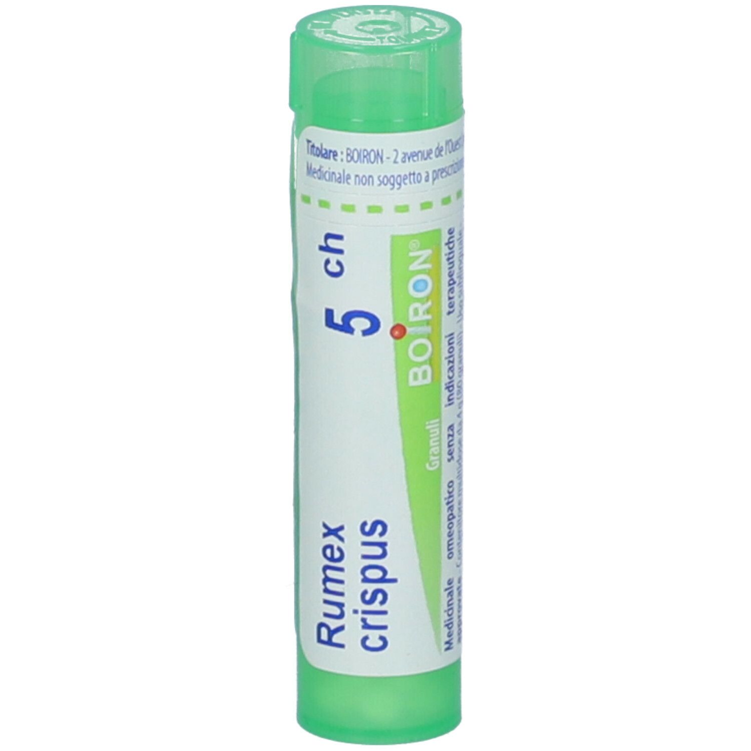Tubo verde con etichetta bianca. Scritta: Rumex crispus, 5 ch, BOIRON.