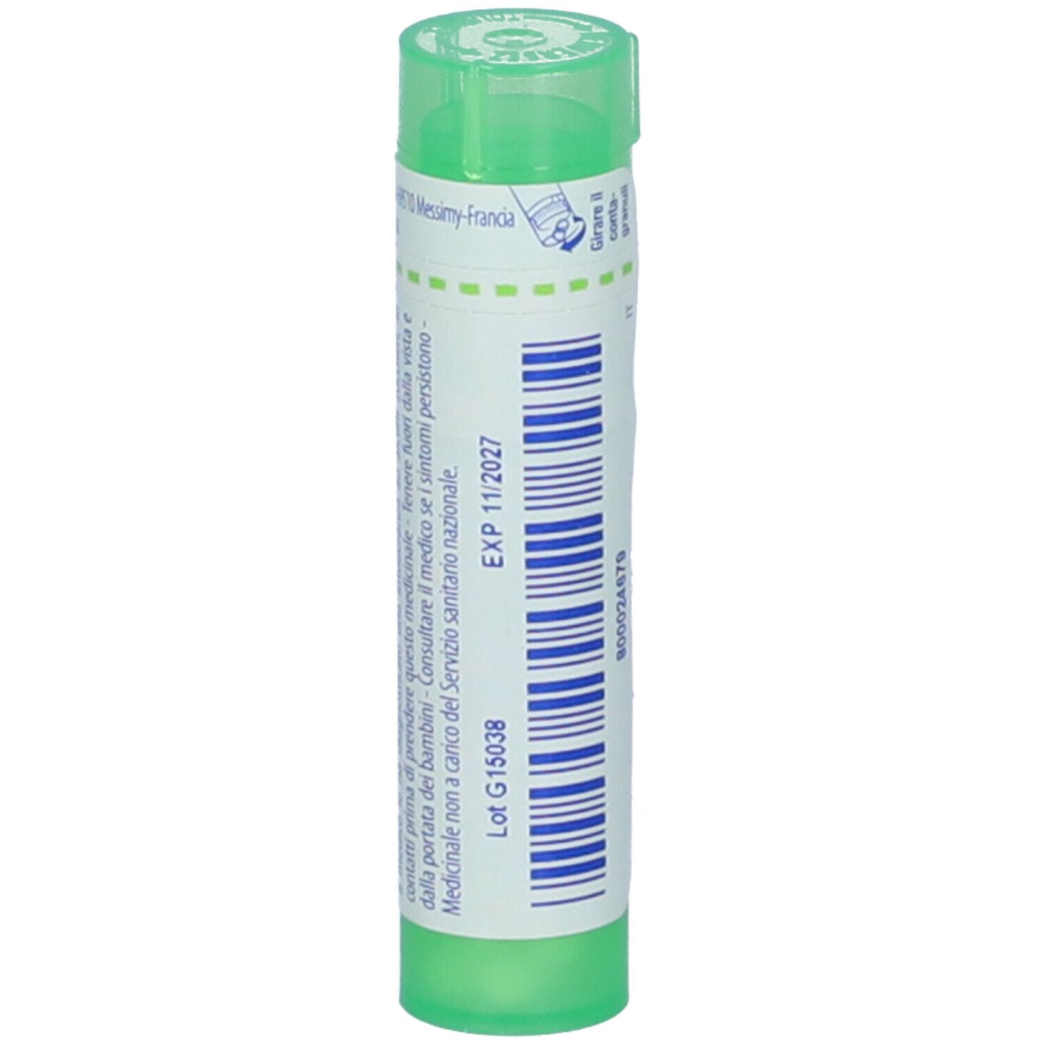 Tubo verde con etichetta bianca. Scritta: EXP 11/2027, Lot G15038.