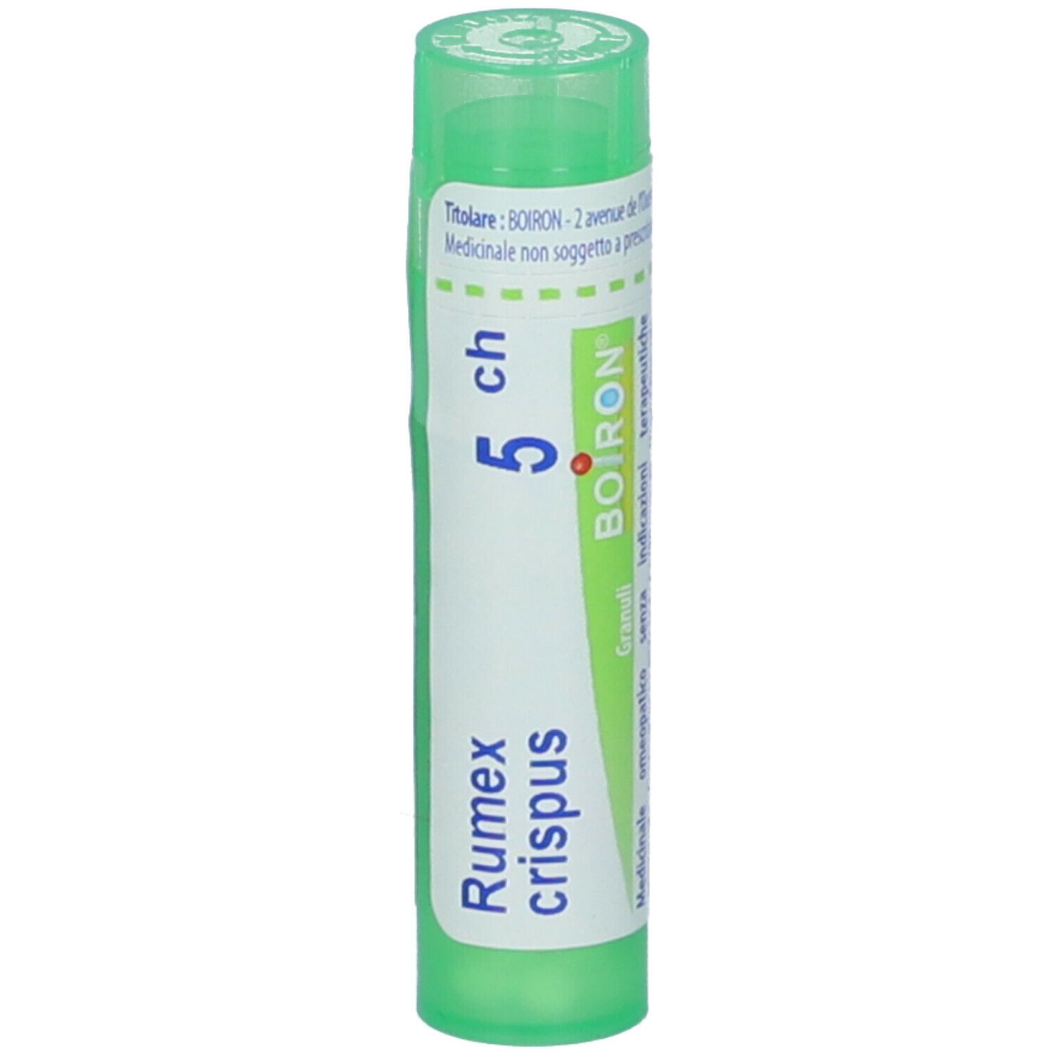 Tubo verde con etichetta bianca. Scritta: Rumex crispus, 5 ch, BOIRON.