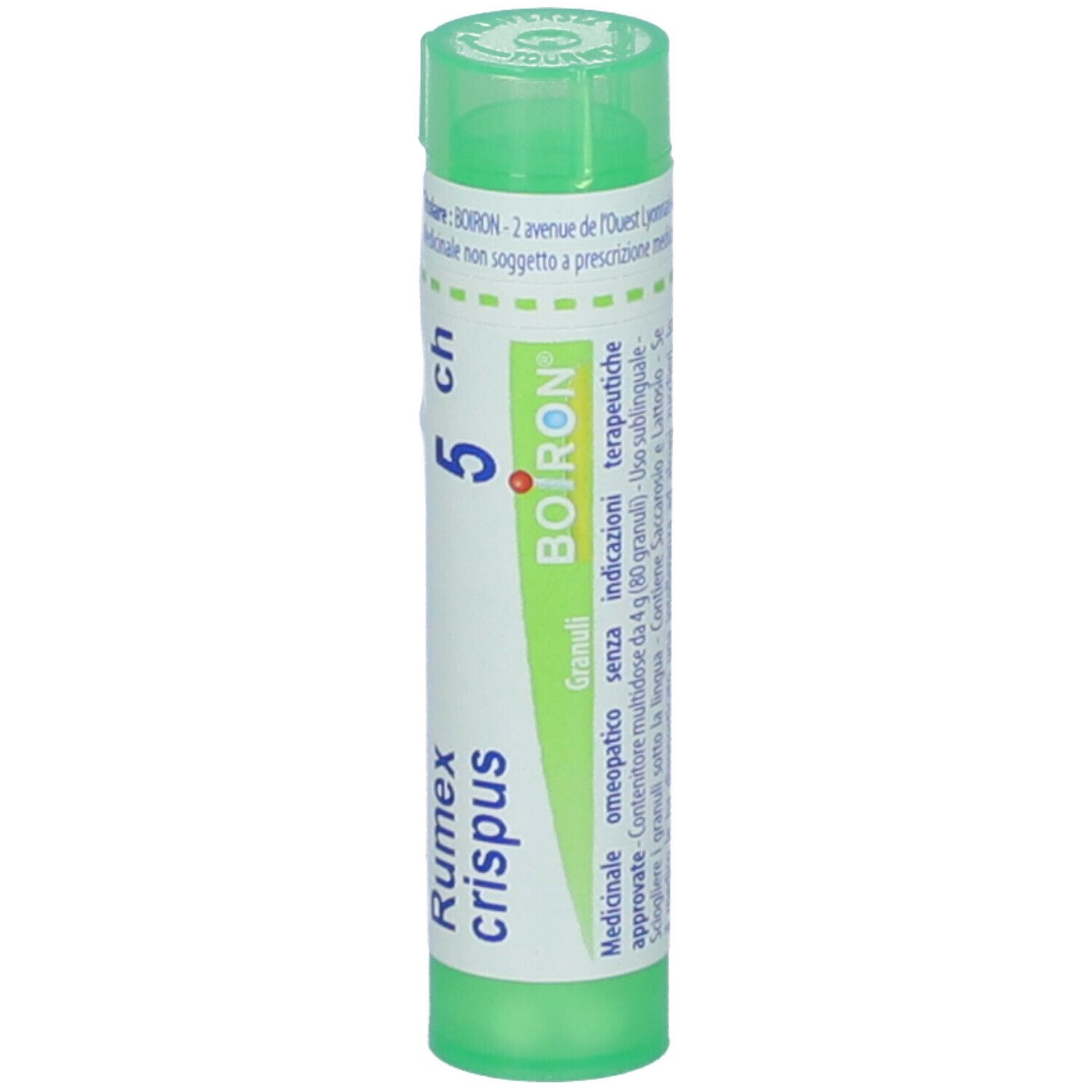 Tubo verde con etichetta bianca. Scritta: Rumex crispus, 5 ch, BOIRON.