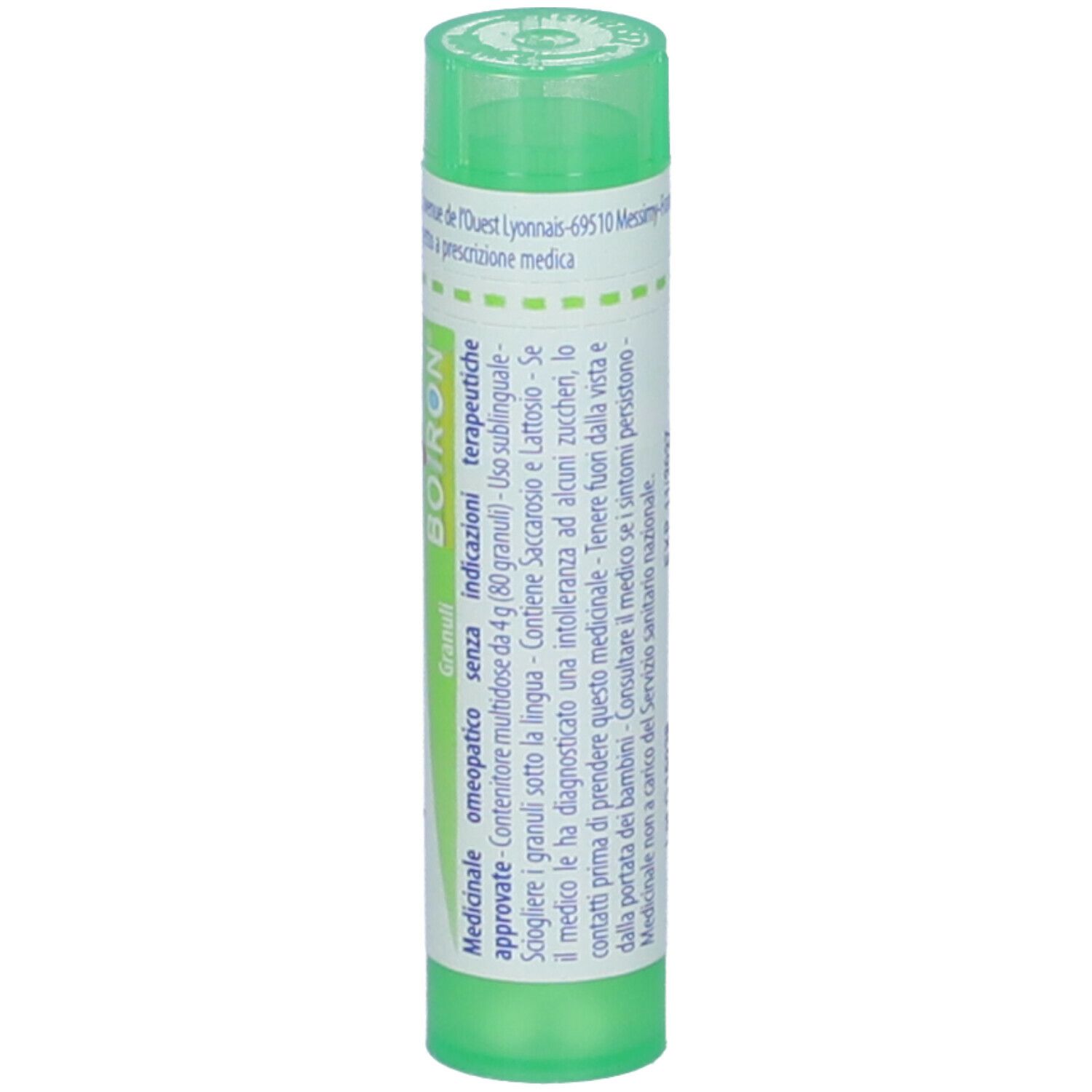 Tubo verde con etichetta bianca. Scritta: BOIRON, Granuli, senza zucchero e lattosio.