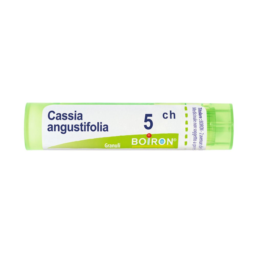 Tubo verde con etichetta bianca. Scritta: Cassia angustifolia, 5 ch, Granuli, BOIRON.